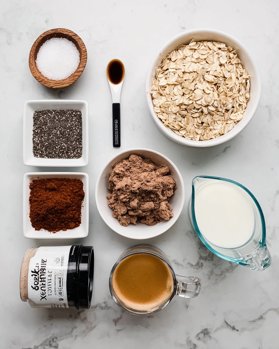The image shows several ingredients for a recipe neatly arranged on a white marbled surface. There is a clear glass measuring cup filled with white milk on the top right, next to a white bowl full of light tan rolled oats. Below the oats, a round white bowl contains chunky, light brown powder, likely cocoa powder. To the left of that, a square white dish holds a mound of dark brown cocoa powder. Beside that, another square white dish contains black chia seeds with white specks. Above the cocoa powder dishes, a small round wooden bowl is filled with white granulated sugar, and next to it is a small white spoon holding dark brown vanilla extract. In the middle top row, there is a black and white container of vanilla-flavored yogurt. Finally, a small clear glass cup with a handle sits at the bottom right corner filled with a dark espresso coffee topped with light brown froth. All items are well spaced and arranged in a clean and organized style, photo taken with an iphone --ar 4:5 --v 7
