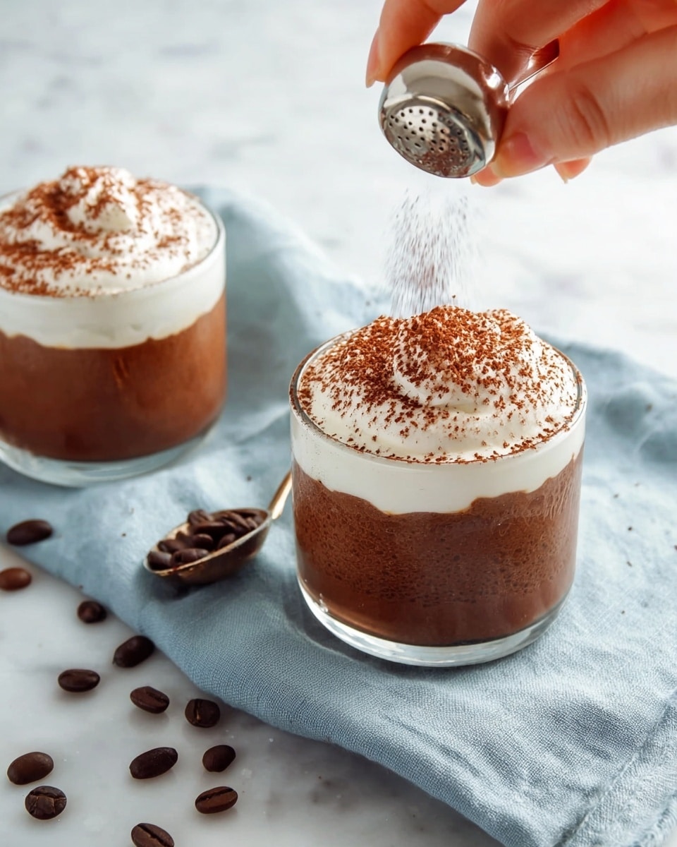 Two clear glass cups are filled with a dark brown mousse-like dessert topped with a thick layer of white cream. Each cream layer is dusted with a fine layer of cocoa powder, with one cup having cocoa being sprinkled on it by a woman’s hand holding a silver powdered shaker. The two cups sit on a soft, light blue cloth on a white marbled surface, scattered with dark brown coffee beans around them. The light from above highlights the smooth texture of the dessert and the soft, fluffy cream on top photo taken with an iphone --ar 4:5 --v 7