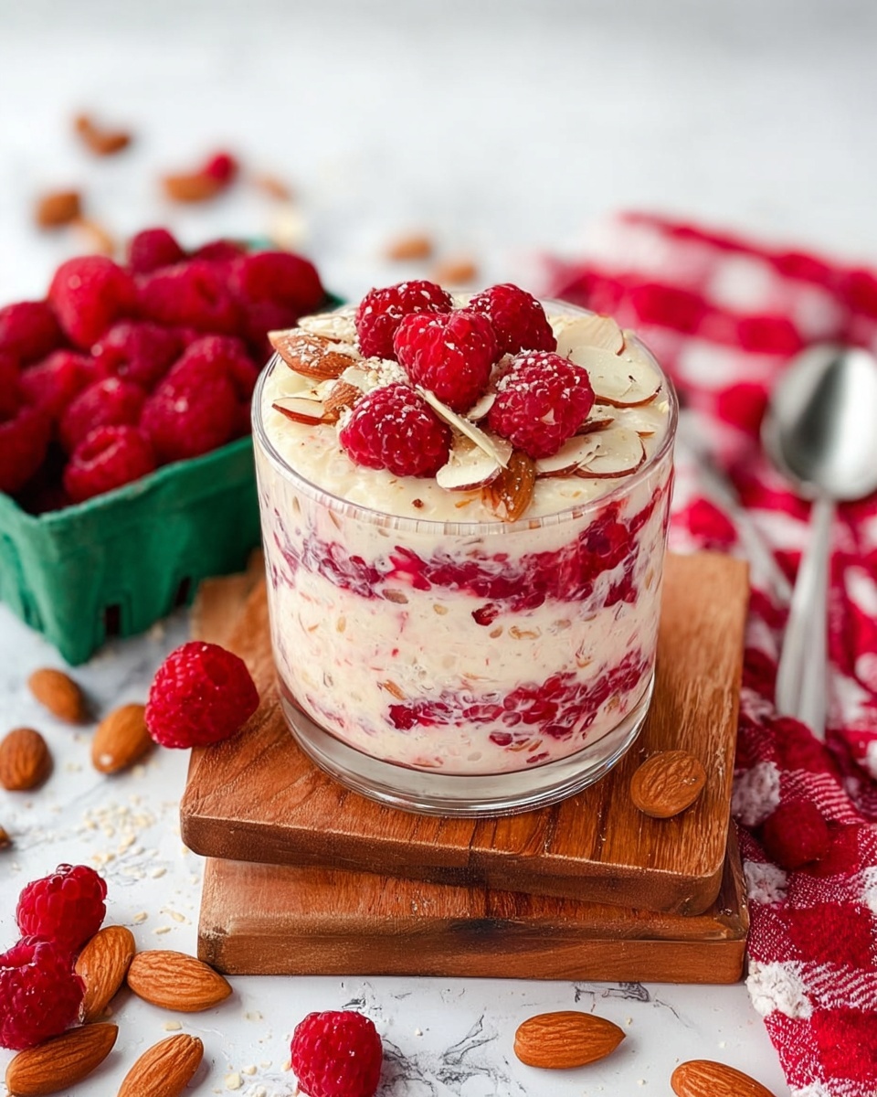 A glass cup sits on two wooden boards stacked on a white marbled surface, filled with three visible layers: the bottom and top layers are creamy with bits of red raspberries mixed in, the middle layer is made up of whole fresh red raspberries, and the top is garnished with more whole raspberries and thinly sliced almonds scattered over them. Around the boards, there are scattered almonds and raspberries, a small green carton filled with raspberries in the background on a red checkered cloth, and a metal spoon next to it. photo taken with an iphone --ar 4:5 --v 7