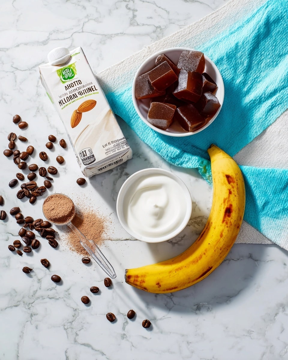 The image shows a white almond milk carton lying on a white marbled surface next to a small bowl of white creamy yogurt, a whole yellow banana with minor brown spots, and a white bowl filled with iced brown coffee cubes. Scattered dark brown coffee beans and a clear scoop of light brown powder are spread around them on the surface. A folded light blue cloth with white edges lies beneath the yogurt bowl and banana. Photo taken with an iphone --ar 4:5 --v 7