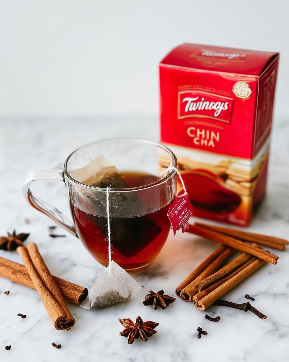 The image shows a clear glass cup filled with dark brown chai tea, with a tea bag steeping inside; the tea bag string with a red and white label hangs over the cup’s edge. Next to the cup is a red box of Twinings Chai tea, standing on a white marbled surface. Around the cup and box are several cinnamon sticks and dark star anise pieces, arranged loosely on the surface. The background is a clean white marbled texture, creating a bright and simple setting. Photo taken with an iphone --ar 4:5 --v 7
