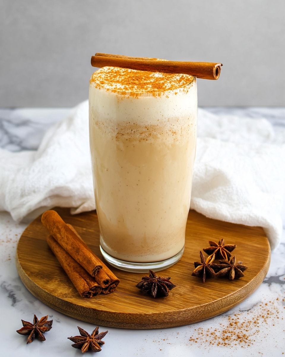 A tall clear glass filled with a light creamy beige drink that has a frothy white layer on top, sprinkled with a fine layer of orange-brown cinnamon powder. A whole cinnamon stick rests horizontally on the rim of the glass. The glass is placed on a round wooden board with a smooth, warm brown texture. Around the glass and on the board are several more cinnamon sticks and dark star anise pieces. The scene is set on a white marbled surface with a soft white cloth partially visible behind the glass. photo taken with an iphone --ar 4:5 --v 7