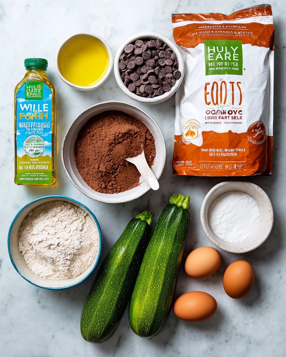 The image shows a flat lay of baking ingredients on a white marbled surface. There are two medium green zucchinis with textured skin placed near the bottom right next to two brown eggs. Above them is a white ceramic spoon with a light yellow liquid. To the right, a white bowl is filled with fine brown cocoa powder. Above it is a small white bowl holding white powder, likely salt or baking soda. On the right side near the top, a white bag with orange and brown accents shows dark chocolate baking chips. In the top center, there is a bottle of light yellow organic coconut oil with a green and blue label. On the left side, a white bowl contains a light brown flour mix with a smooth texture. In the bottom left corner, a green bag labeled