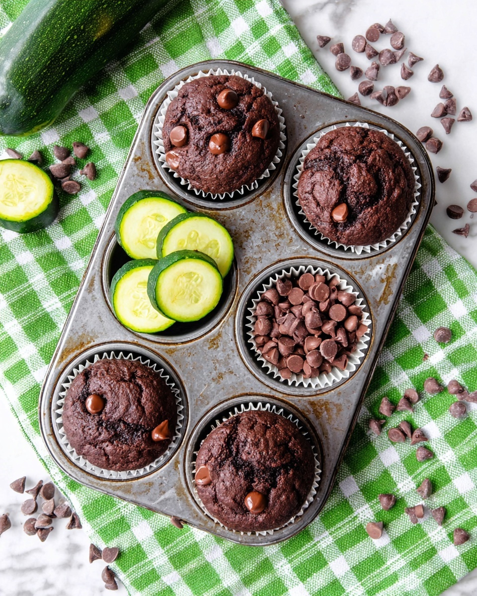 A metal muffin tray holds six dark chocolate muffins with slightly cracked tops and scattered dark chocolate chips visible on each muffin's surface, all nestled in white paper liners. One section of the tray contains round slices of green zucchini, showing fresh pale green inside and dark green skins, while another holds a pile of dark chocolate chips. The muffin tray is placed on a green and white checkered cloth over a white marbled surface, with a whole zucchini visible on the left side and some extra chocolate chips scattered around. Photo taken with an iphone --ar 4:5 --v 7