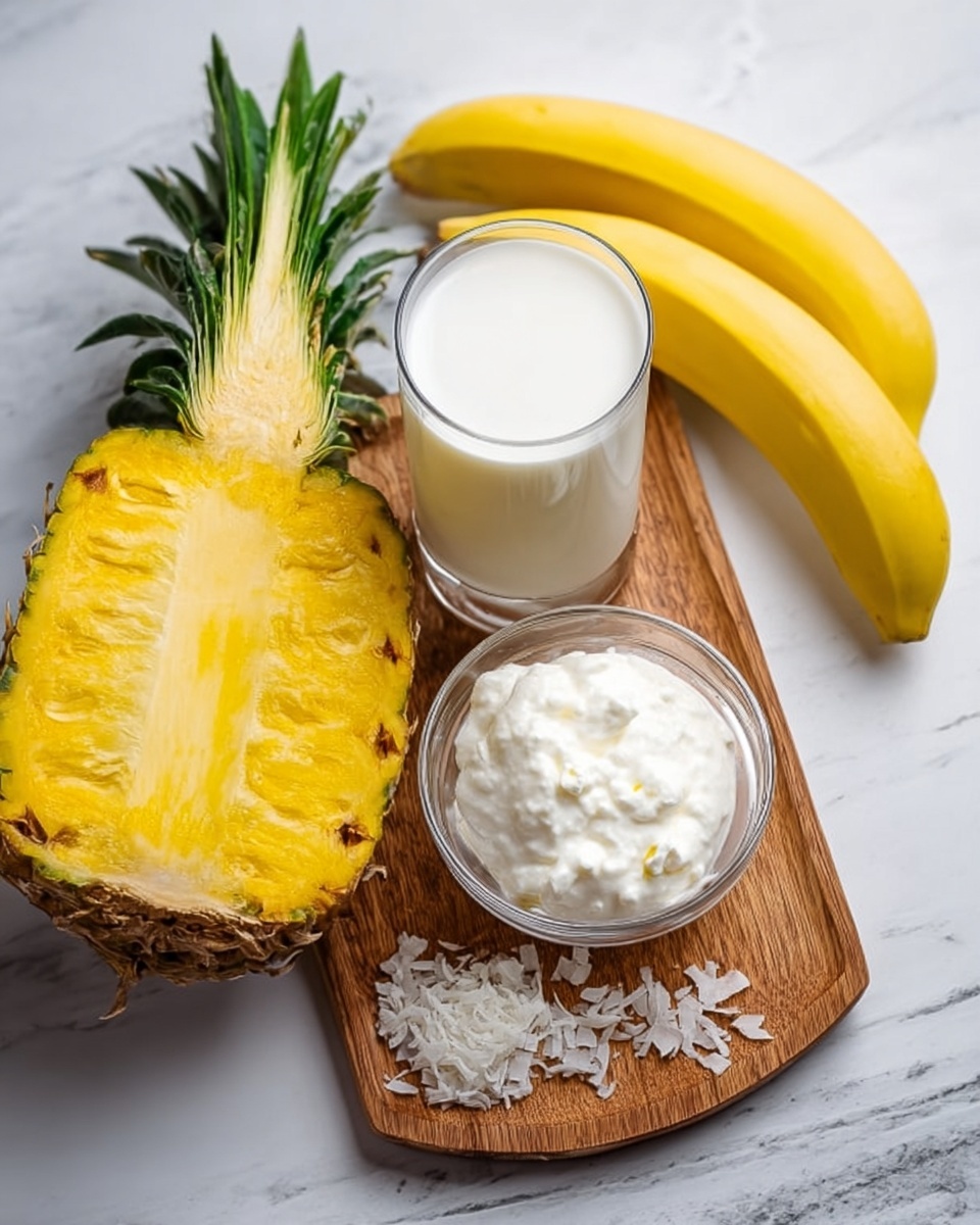 The image shows a bright yellow half pineapple with green leaves on the left side, placed directly on a white marbled surface. To the right of the pineapple, there is a small wooden board holding three items: a glass bowl with thick white yogurt in the center, next to it some small white coconut flakes on the board, and at the top left of the board, a glass filled with white milk. A whole yellow banana rests on the white marbled surface above the wooden board, curving gently. The texture of the pineapple is juicy and detailed, the yogurt looks smooth and creamy, and the coconut flakes are thin and slightly uneven. photo taken with an iphone --ar 4:5 --v 7