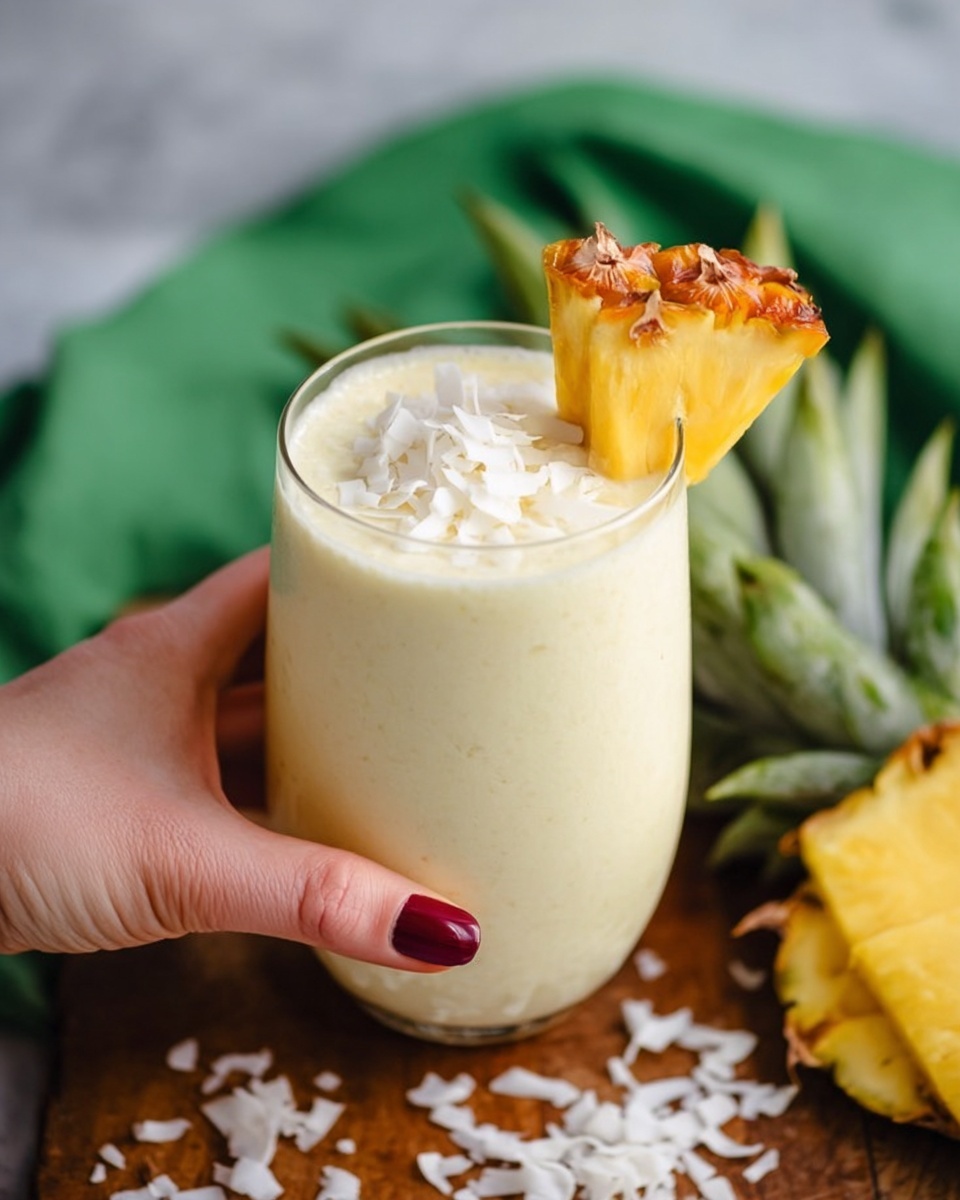A clear glass filled with a creamy light yellow smoothie topped with white coconut flakes. A triangular slice of pineapple with its brown and orange textured skin is placed on the rim of the glass. A woman's hand with dark red nail polish is holding the glass from the left side. The glass sits on a wooden surface with scattered coconut flakes around. In the background, there is a green cloth and a halved pineapple with bright yellow flesh on a white marbled surface. photo taken with an iphone --ar 4:5 --v 7