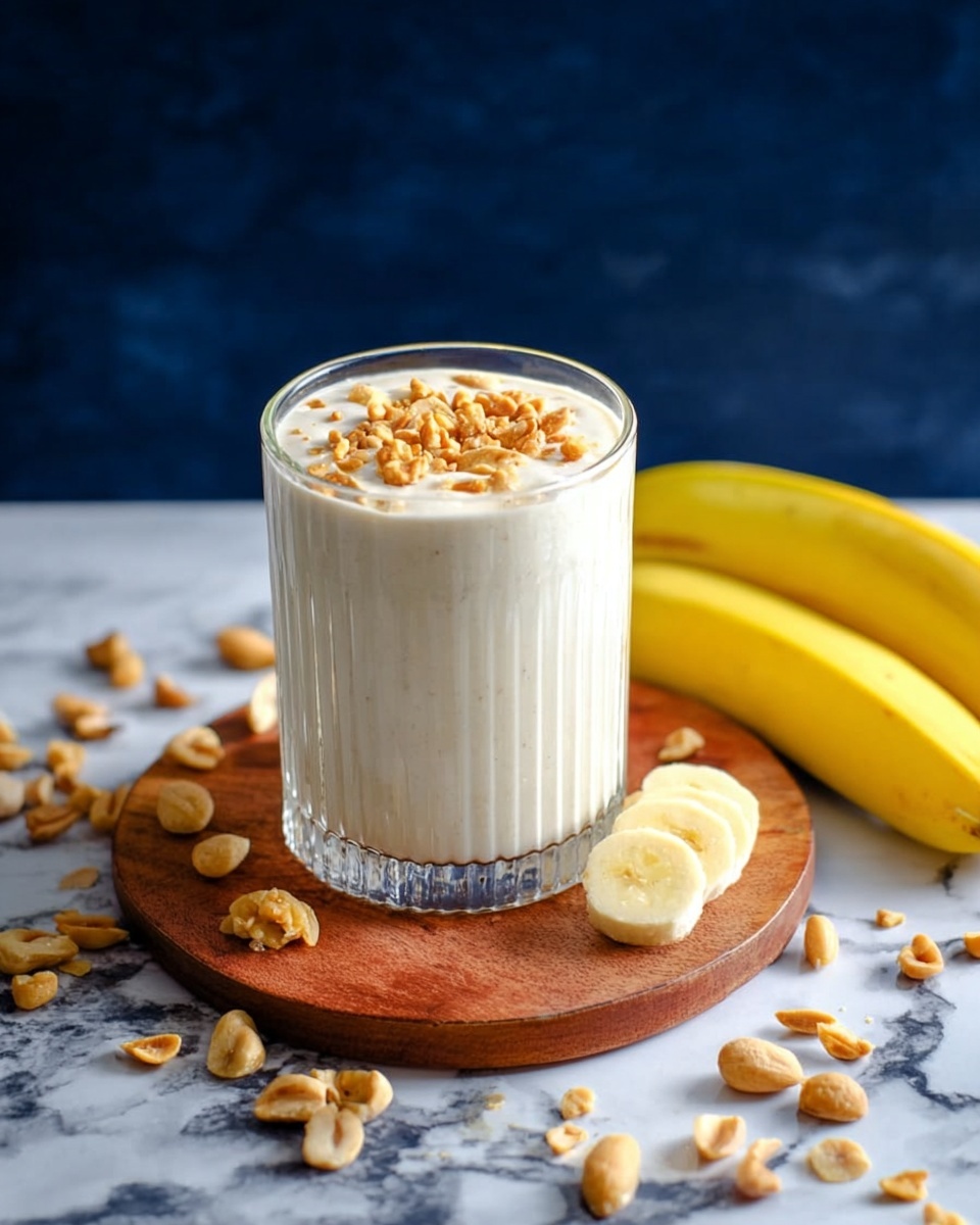 A clear, ribbed glass filled with creamy white smoothie topped with crunchy light brown nuts sits centered on a small round wooden board, surrounded by scattered nuts. To the right, there are peeled, sliced bananas lying next to two whole bananas with yellow skin. The background is a white marbled surface with a dark blue backdrop. photo taken with an iphone --ar 4:5 --v 7