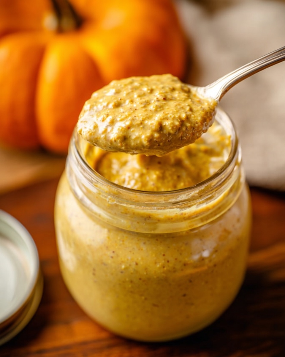A close-up image of a glass jar filled with a thick, creamy mustard sauce that has a grainy texture and a yellow-brown color. A spoon lifts some sauce from the jar, showing its chunky and rich look. The jar sits on a wooden surface, with a blurred small orange pumpkin in the background and a white jar lid nearby. photo taken with an iphone --ar 4:5 --v 7