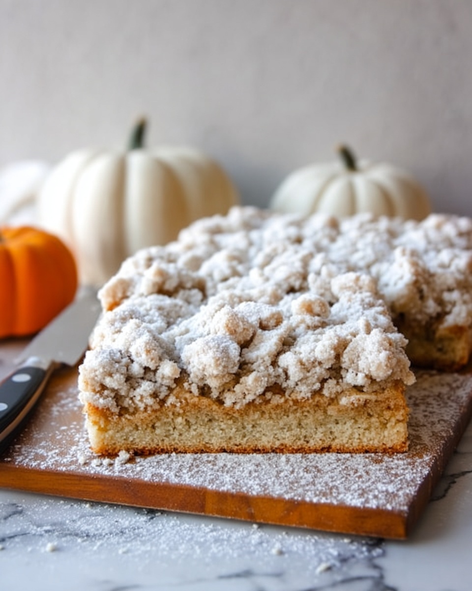 The image shows a square piece of yellow crumb cake with two layers: a thick, moist yellow cake base, and a thick light crumb topping with a rough texture, dusted with white powdered sugar all over and around the piece. In the background, there is another piece of the same cake, slightly out of focus, all set on a wooden board with more powdered sugar scattered on it. The background is blurred with a soft white marbled texture. photo taken with an iphone --ar 4:5 --v 7