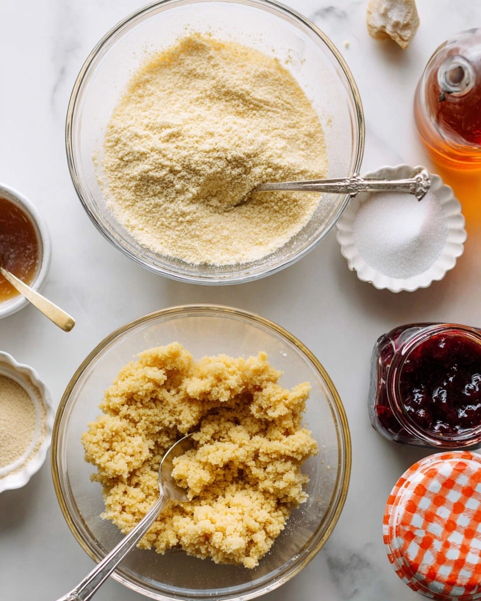 The image shows two clear glass bowls side by side on a white marbled surface; the left bowl is filled with fine, pale yellow powdery flour with a silver spoon resting partially buried inside it, while the right bowl holds a golden crumbly dough mixture with a silver spoon dipped into it; around the bowls are small containers with vanilla extract in a white scalloped dish, a small bowl with white sugar, a jar of dark red jam with an orange-and-white checkered lid, and a bottle with amber liquid, all set on the white marbled texture photo taken with an iphone --ar 4:5 --v 7