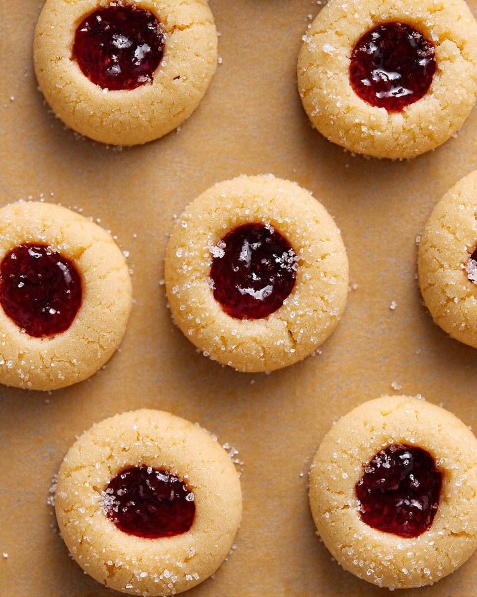 Seven round thumbprint cookies lay spaced apart on a flat sheet of light brown parchment paper. Each cookie has one layer of pale golden dough with a soft, slightly crumbly texture. In the center of each cookie is a small pool of deep red jam that looks thick and glossy. Some sugar crystals are scattered lightly over the dough and parchment, adding a sparkling white touch. The photo is taken from above, showing the cookies in neat arrangement on the flat surface. Photo taken with an iphone --ar 4:5 --v 7