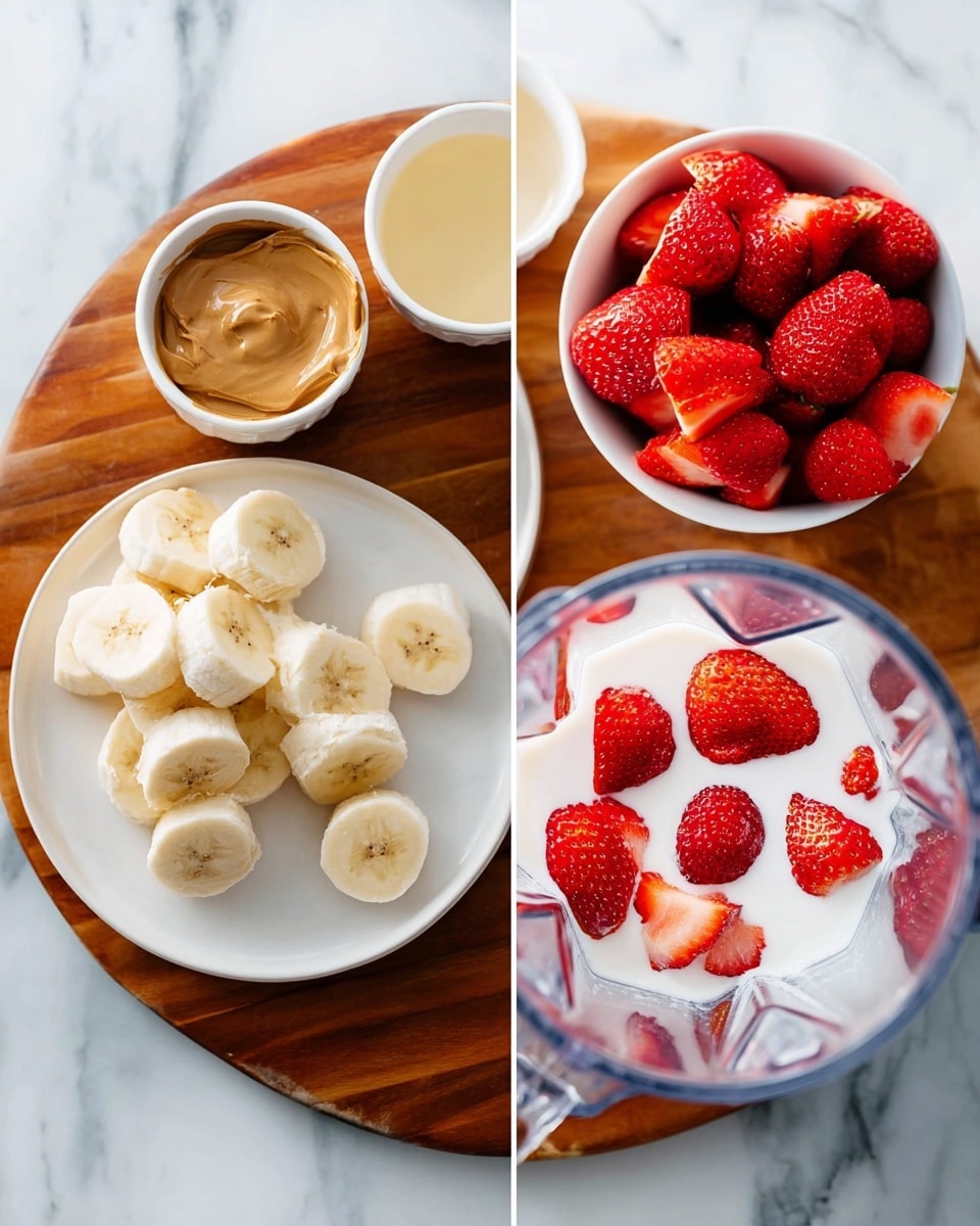 The image shows two parts: on the left side, a round wooden board on top of a white marbled surface holds four small white plates or bowls with ingredients. The top left plate has sliced banana pieces piled up, with some slices spilling onto the board. Below it, a small white bowl contains rich brown peanut butter. To the right of the peanut butter, another white bowl is filled with bright red strawberries, their texture clear and fresh. At the top right, a small white bowl holds a light golden liquid, likely syrup. On the right side of the image, a clear blender container holds whole and halved strawberries submerged in a layer of creamy white liquid, which contrasts with the red fruit pieces. The inside of the blender is visible with the fruit floating near the top. Photo taken with an iphone --ar 4:5 --v 7