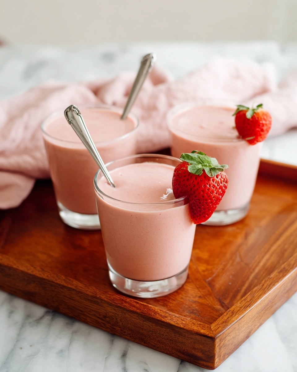 The image shows three clear glasses filled with a smooth, light pink strawberry smoothie. The smoothie layers are uniform and creamy, filling each glass nearly to the top. One glass in the front has a whole red strawberry with green leaves placed on the rim, with a slim silver spoon standing inside. The other two glasses also have silver spoons, and one in the middle has a small piece of strawberry on top. All glasses are set on a warm brown wooden tray, which rests on a white marbled surface. A soft pink cloth is casually placed behind the tray. photo taken with an iphone --ar 4:5 --v 7