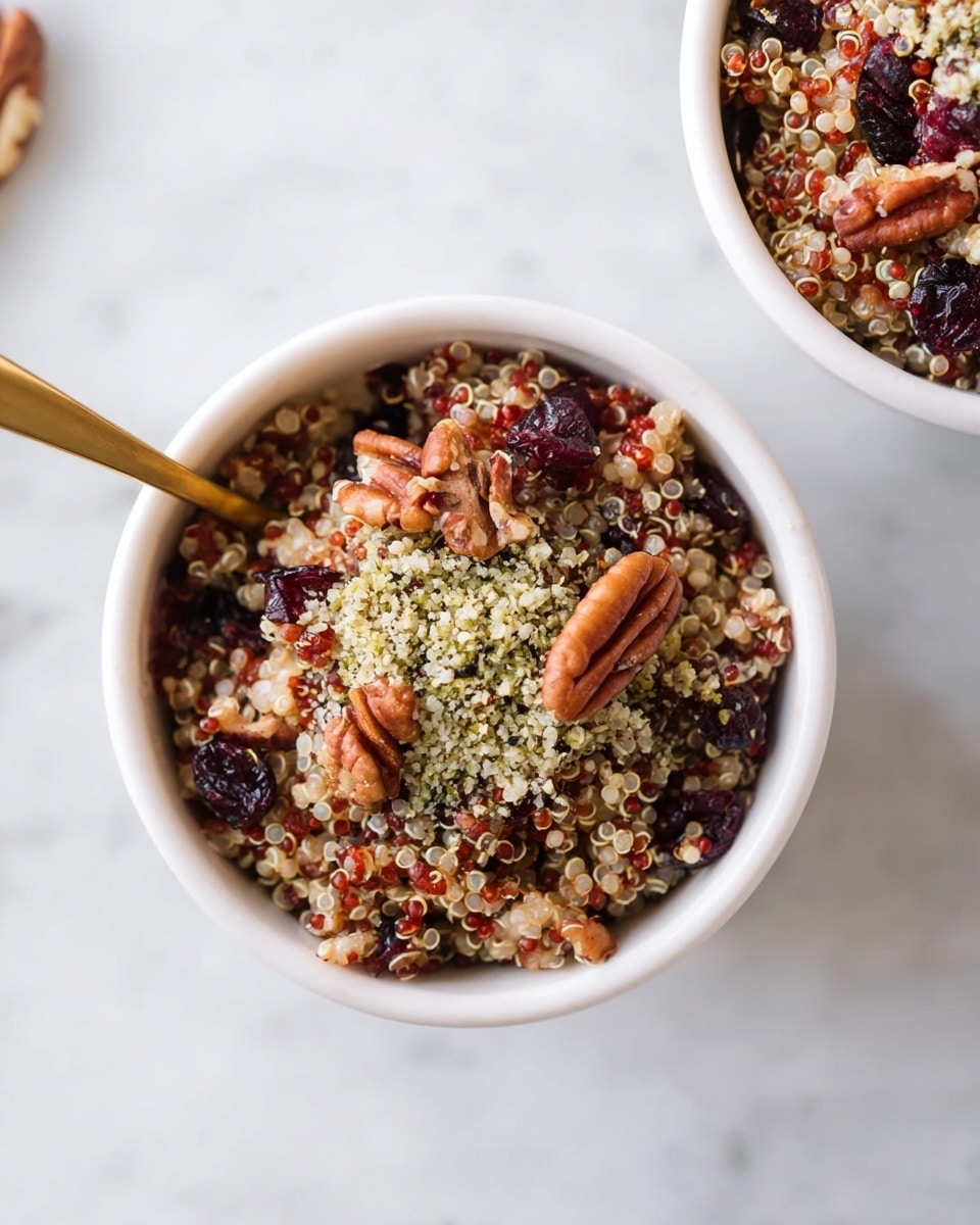 A close-up photo of a white cup filled with a layered mix of cooked red and white quinoa grains at the base, dark red dried cranberries scattered throughout, small light beige hemp seeds covering parts of the top, and chopped light brown pecans spread evenly on top. A gold spoon is placed inside the cup on the left side. The cup is sitting on a white marbled surface with another similar white cup partially showing in the background. Photo taken with an iphone --ar 4:5 --v 7