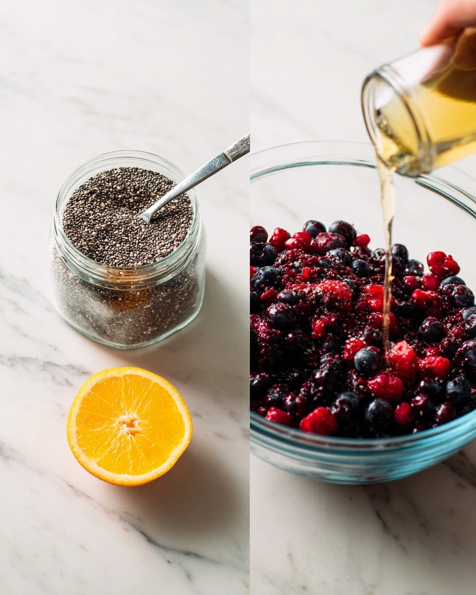 The image shows two scenes. On the left, a clear glass jar is filled with black and white chia seeds, with a silver measuring cup inside it, placed on a white marbled surface. Below the jar, there is a half orange with bright orange color and visible juicy texture. On the right, a clear glass bowl is filled with a mix of dark purple blueberries and bright red raspberries, with scattered chia seeds on top. A liquid, light yellow in color, is being poured over the berries and chia seeds from above. A woman's hand holding the bottle is partly visible at the top. Both scenes are bright and clear with a white marbled surface background photo taken with an iphone --ar 4:5 --v 7