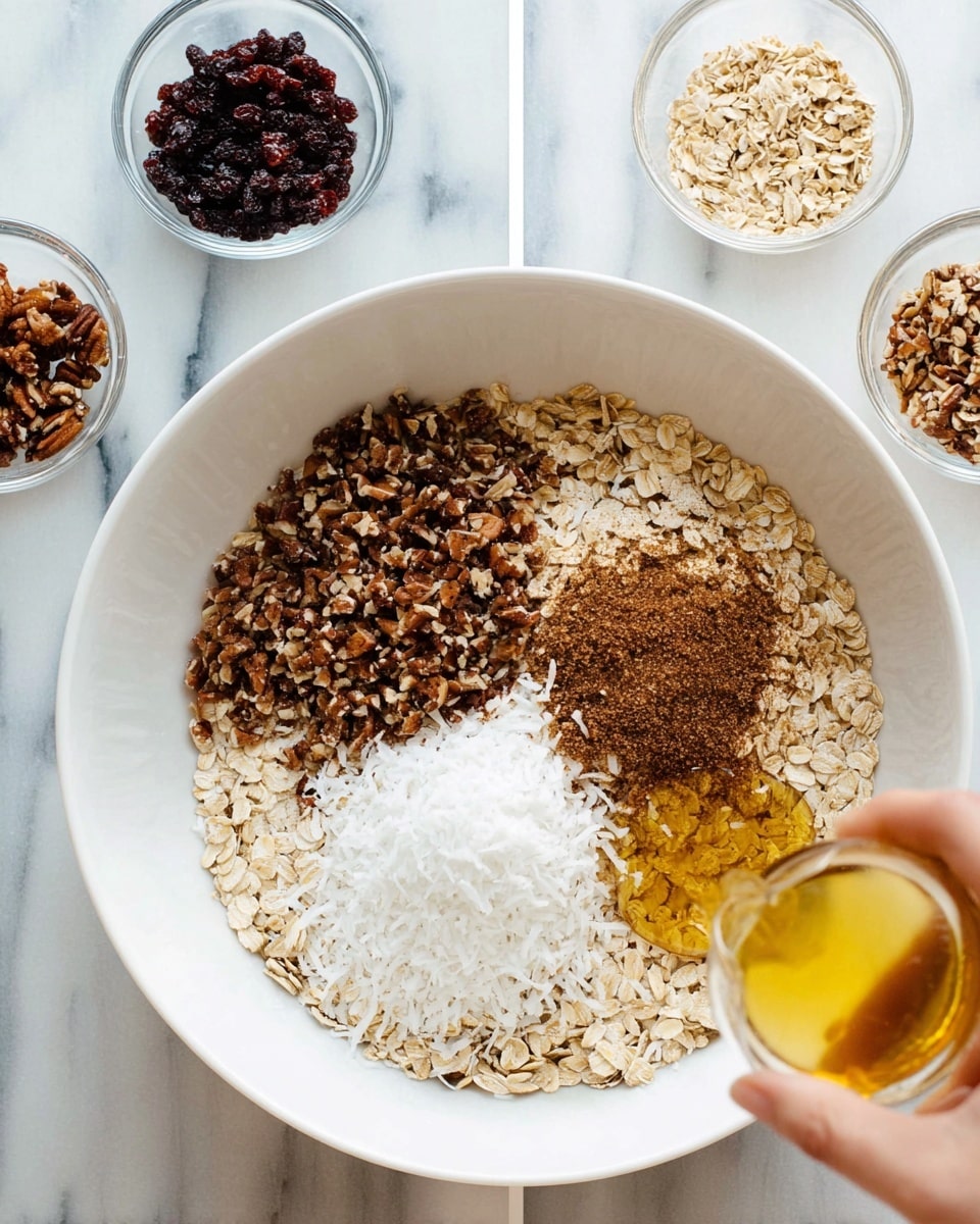 A white bowl on a white marbled surface contains a base layer of light brown rolled oats. On top, there is a pile of dark brown chopped nuts on the left, a mound of white shredded coconut on the right, and a dusting of brown cinnamon mixed with more chopped nuts in the middle. A woman's hand is pouring a golden syrup over the middle pile. Surrounding the bowl on the white marbled surface are small clear glass bowls holding more chopped nuts, shredded coconut, dark dried berries, cinnamon, and golden syrup. photo taken with an iphone --ar 4:5 --v 7