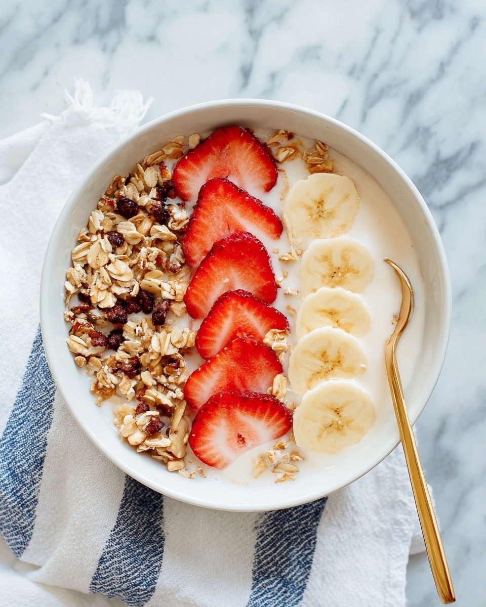 A white bowl filled with a light creamy liquid base, topped with three layers of ingredients arranged side by side: on the left, a mixed layer of granola and oats with small brown nuts and seeds; in the middle, a neat row of bright red strawberry slices; on the right, a row of pale yellow banana slices. A gold spoon is resting inside the bowl on the left side. The bowl is placed on a white marbled surface with a white cloth featuring a blue stripe underneath. Photo taken with an iphone --ar 4:5 --v 7