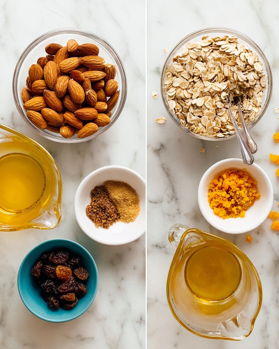 The image shows several small clear and white bowls placed on a white marbled surface. One clear bowl is full of whole almonds with a smooth texture, while another larger clear bowl contains dry oats that look rough and light beige. A small white bowl holds a mix of brown sugar and bright orange zest, and another white bowl contains a ground brown spice. There is also a small blue bowl filled with dark and light brown raisins. A clear glass pitcher with a handle and a silver spoon inside contains a golden liquid, likely honey, that looks thick and shiny. The items are arranged loosely in a casual setting, with the white marbled surface providing a clean background photo taken with an iphone --ar 4:5 --v 7