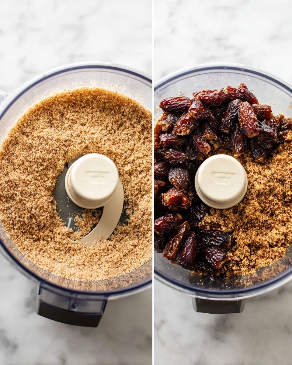 The image shows two clear food processor bowls on a white marbled surface. The left bowl contains a single layer of finely ground light brown crumbs with a soft, gritty texture, filling about half the bowl. The right bowl has the same crumb layer at the bottom, and on top of it, roughly chopped dark brown dried dates with a sticky, shiny texture scattered mostly on the left and center. The bowl blades are visible in the middle of both bowls. Photo taken with an iphone --ar 4:5 --v 7