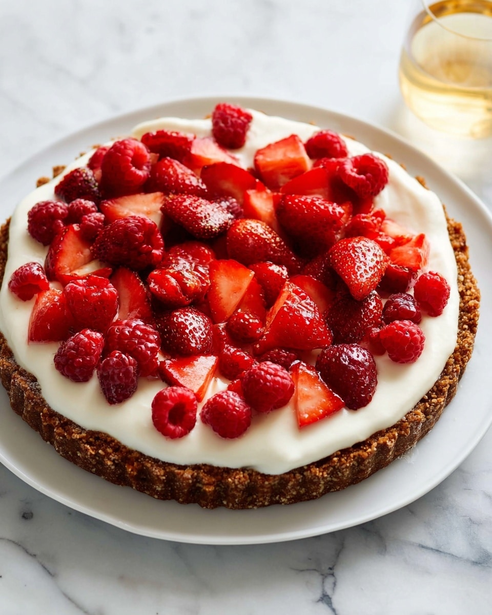 The image shows a tart with three main layers, placed on a white plate on a white marbled surface. The bottom layer is a thick, brown, crumbly crust with a slightly rough edge. On top of this, a smooth, thick white cream layer spreads evenly, covering the crust completely. The top layer consists of bright red raspberries and sliced strawberries scattered across the cream. The strawberries are sliced thinly and spread out, while the raspberries are whole and round, adding texture and color contrast. A glass with a light golden drink is visible in the top right corner of the image. Photo taken with an iphone --ar 4:5 --v 7