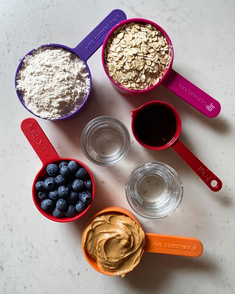 The image shows six measuring cups and two small glass cups on a white marbled surface. On the top left is a purple measuring cup filled with white flour, next to it on the right is a pink measuring cup filled with rolled oats. To the right of the oats is a red measuring cup filled with dark maple syrup. On the bottom left is a red measuring cup filled with fresh blueberries, next to it on the right is an orange measuring cup filled with creamy peanut butter. In between the peanut butter and blueberries are two small glass cups, one empty and one partially filled with water. The cups are arranged in a rough circular pattern, all photographed from above. Photo taken with an iphone --ar 4:5 --v 7