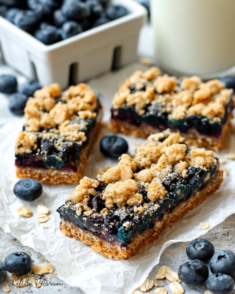 Three rectangular blueberry bars are placed on a piece of crinkled parchment paper over a white marbled surface. Each bar has three layers: a golden-brown crumbly base, a dark blue and purple blueberry filling in the middle with visible whole blueberries, and a golden crumb topping with oats scattered unevenly on top. Around the bars, fresh dark blue blueberries are scattered, and a white container with more blueberries is partially visible in the background. The scene is brightly lit and fresh-looking. Photo taken with an iphone --ar 4:5 --v 7