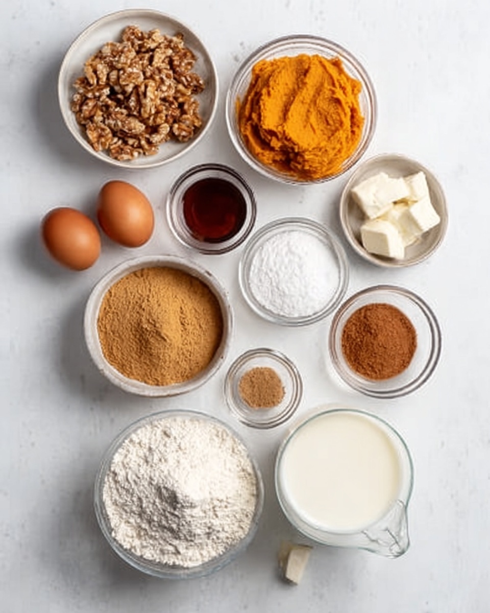 The image shows a white marbled surface with several clear and white round bowls and glasses arranged neatly in a grid layout. There are two brown eggs placed directly on the surface. Each bowl or glass contains different ingredients with each layer visible: crushed brown nuts in one bowl, smooth orange mashed sweet potatoes in another, white flour in a separate bowl, a beige-brown powder in a small glass, dark brown liquid syrup in a tiny round bowl, light brown cinnamon powder in another small bowl, a small round bowl with creamy white yogurt, white granulated sugar in another container, a few small white chunks of butter on the surface, and a glass of milk. The colors range from white, orange, brown, beige, to creamy textures. photo taken with an iphone --ar 4:5 --v 7