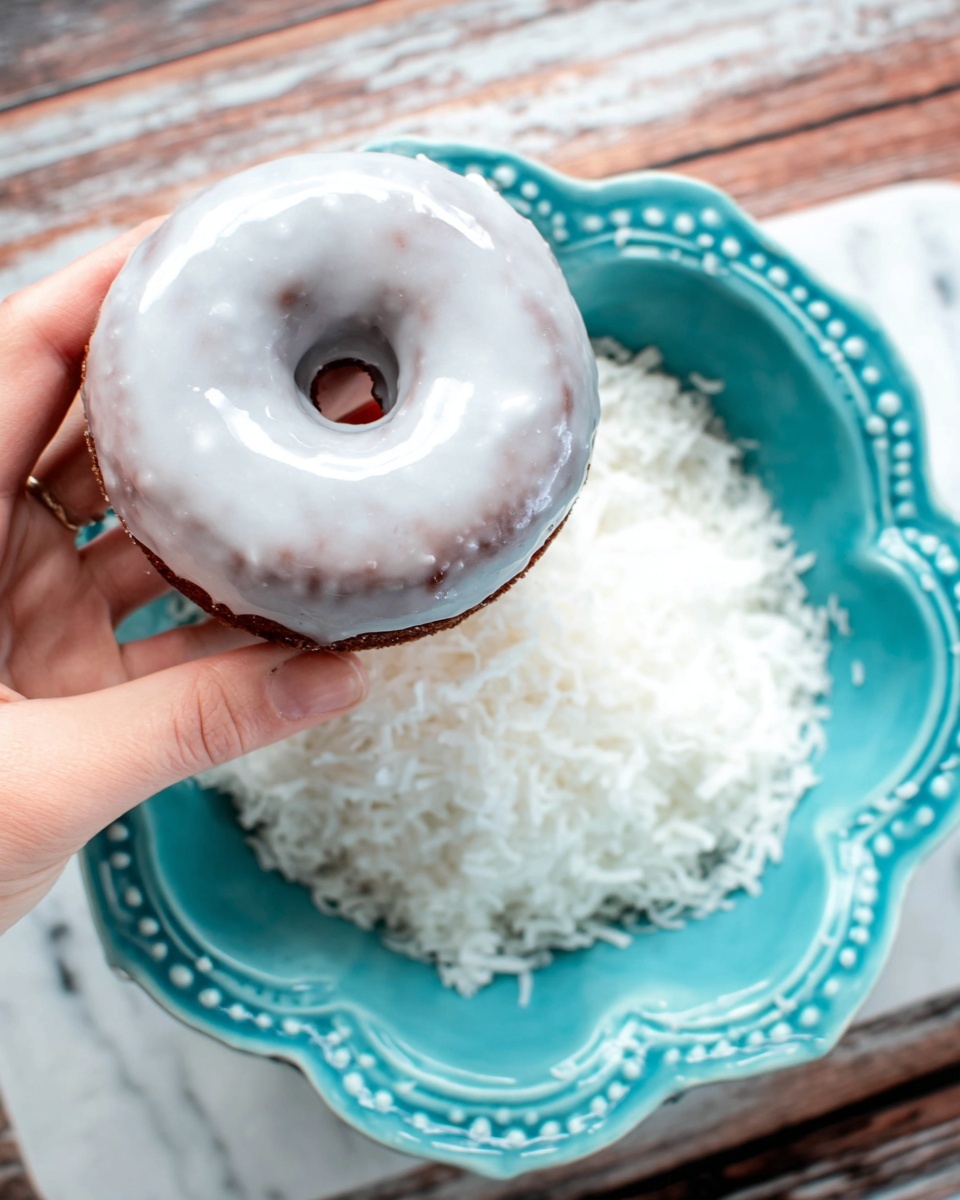 A woman's hand is holding a small glazed donut with a shiny white icing layer covering the top. The donut's base is dark brown, giving a contrast to the smooth white glaze. Below the hand, there is a white plate with a turquoise scalloped edge holding the donut. Underneath this plate, on the white marbled surface, there is another turquoise scalloped bowl filled with white shredded coconut, showing a rough and fluffy texture. The background shows a rustic wooden texture slightly blurred. photo taken with an iphone --ar 4:5 --v 7