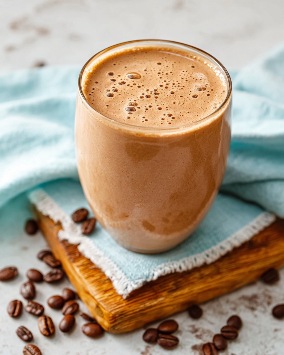A glass filled with a smooth, light brown coffee smoothie that has tiny bubbles on the surface, sitting on a small wooden board placed on a light blue cloth with white edges. Scattered coffee beans surround the glass on a white marbled surface. The scene is softly lit, highlighting the creamy texture of the drink. Photo taken with an iphone --ar 4:5 --v 7