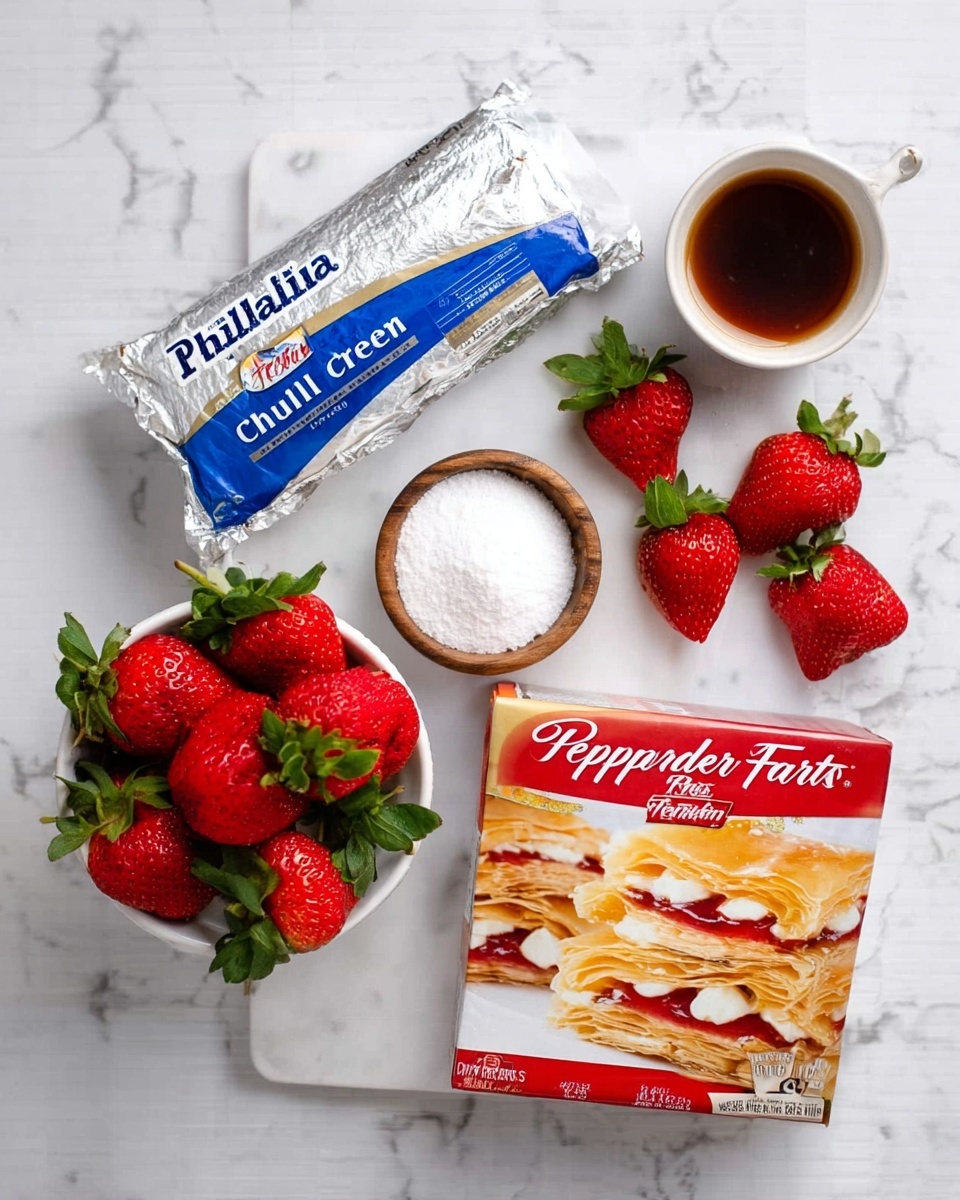 The image shows fresh red strawberries with green leaves piled inside a small white container placed on a white marbled surface. Next to the strawberries is a silver foil pack of Philadelphia original cream cheese with blue lettering. Above the cream cheese is a small white ceramic spoon holding a dark brown liquid. To the right of the spoon is a small wooden bowl filled with white sugar. Below all items is a box of Pepperidge Farm puff pastry sheets, featuring an image of golden brown layered dessert squares with white cream and red fruit inside. The background is a clean white marbled texture photo taken with an iphone --ar 4:5 --v 7