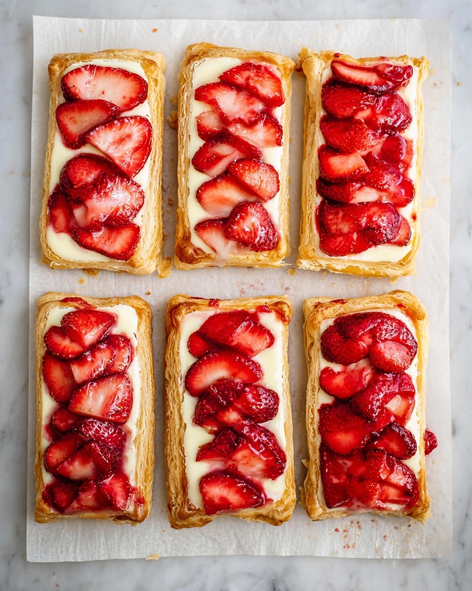 Six rectangular pastries are laid out in two vertical columns of three on white parchment paper over a white marbled surface. Each pastry has three visible layers: a thick, golden-brown puff pastry base with lightly toasted edges, a creamy white layer of custard spread evenly on top, and a topping of bright red sliced strawberries arranged in overlapping rows or clusters. The strawberries appear juicy with some red juice slightly seeping onto the custard and pastry edges. The overall look is fresh and inviting with uniform size and shape for each piece. photo taken with an iphone --ar 4:5 --v 7