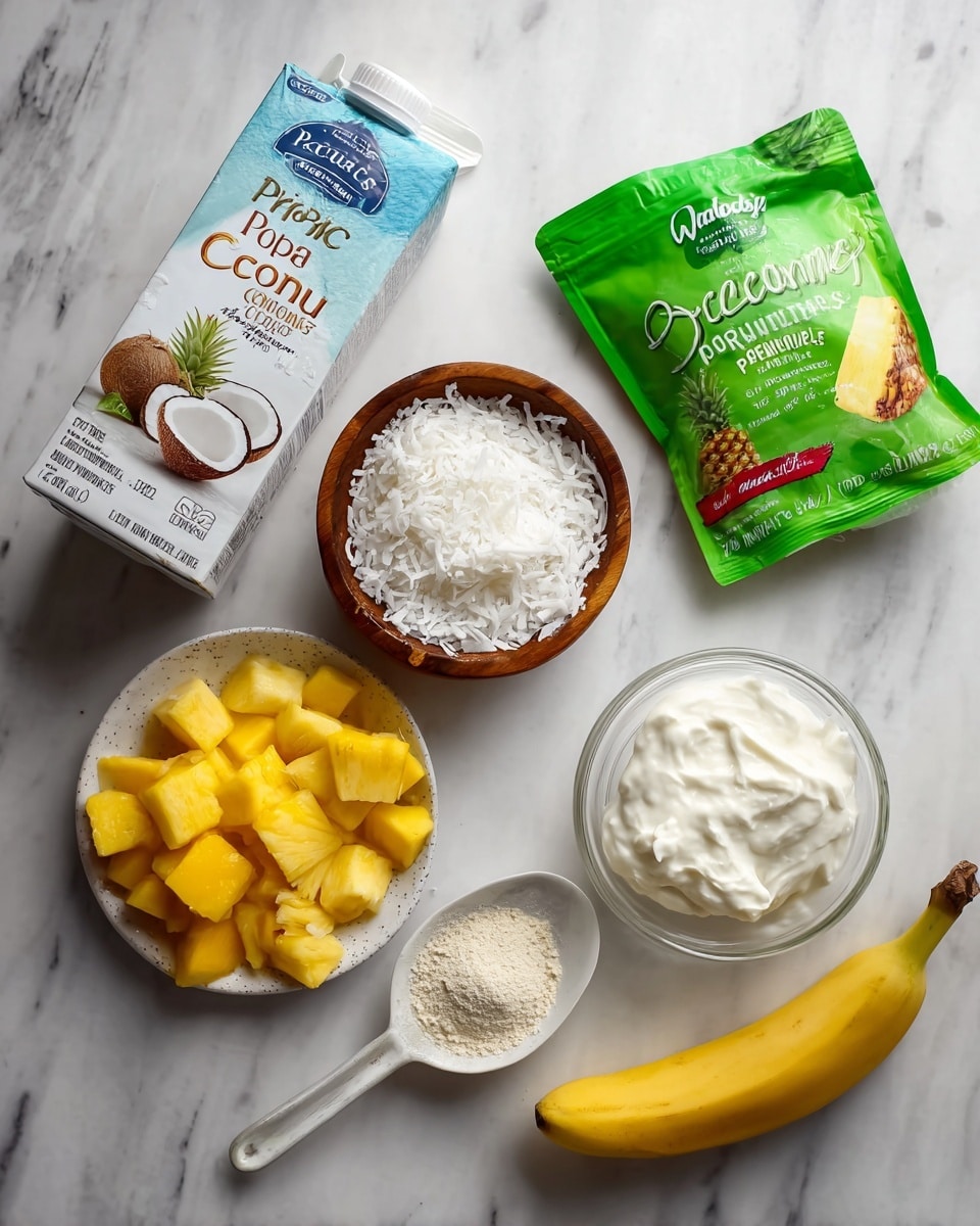 The image shows ingredients arranged on a white marbled surface, including a carton of Pacific Foods Organic Coconut plant-based beverage with a white and blue label leaning on its side, a small wooden bowl filled with white coconut flakes on the upper center, a green bag of Wegmans Just Picked frozen mango chunks to the right, and a white bag of Wegmans Organic Pineapple chunks at the bottom left. To the right, a white small round plate holds a scoop of beige powder and a clear glass bowl with thick white yogurt or cream on it, and next to it lies a ripe yellow banana. Photo taken with an iphone --ar 4:5 --v 7