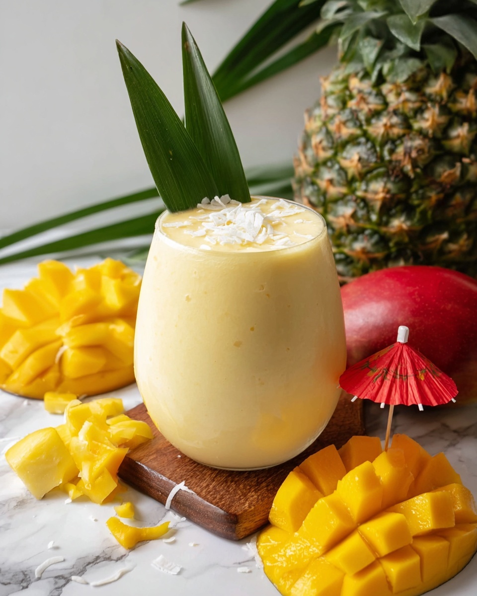 A creamy yellow smoothie is served in a clear, rounded glass filled to the top, decorated with two green pineapple leaves sticking out from the center and topped with white coconut flakes scattered over the surface. The glass sits on a small wooden board placed on a white marbled surface. Around the glass, there are fresh yellow pineapple chunks with green edges, a sliced open bright yellow mango with a red umbrella toothpick on top, and a whole red mango. In the background, part of a pineapple with green spiky leaves and a white wall are visible. Photo taken with an iphone --ar 4:5 --v 7