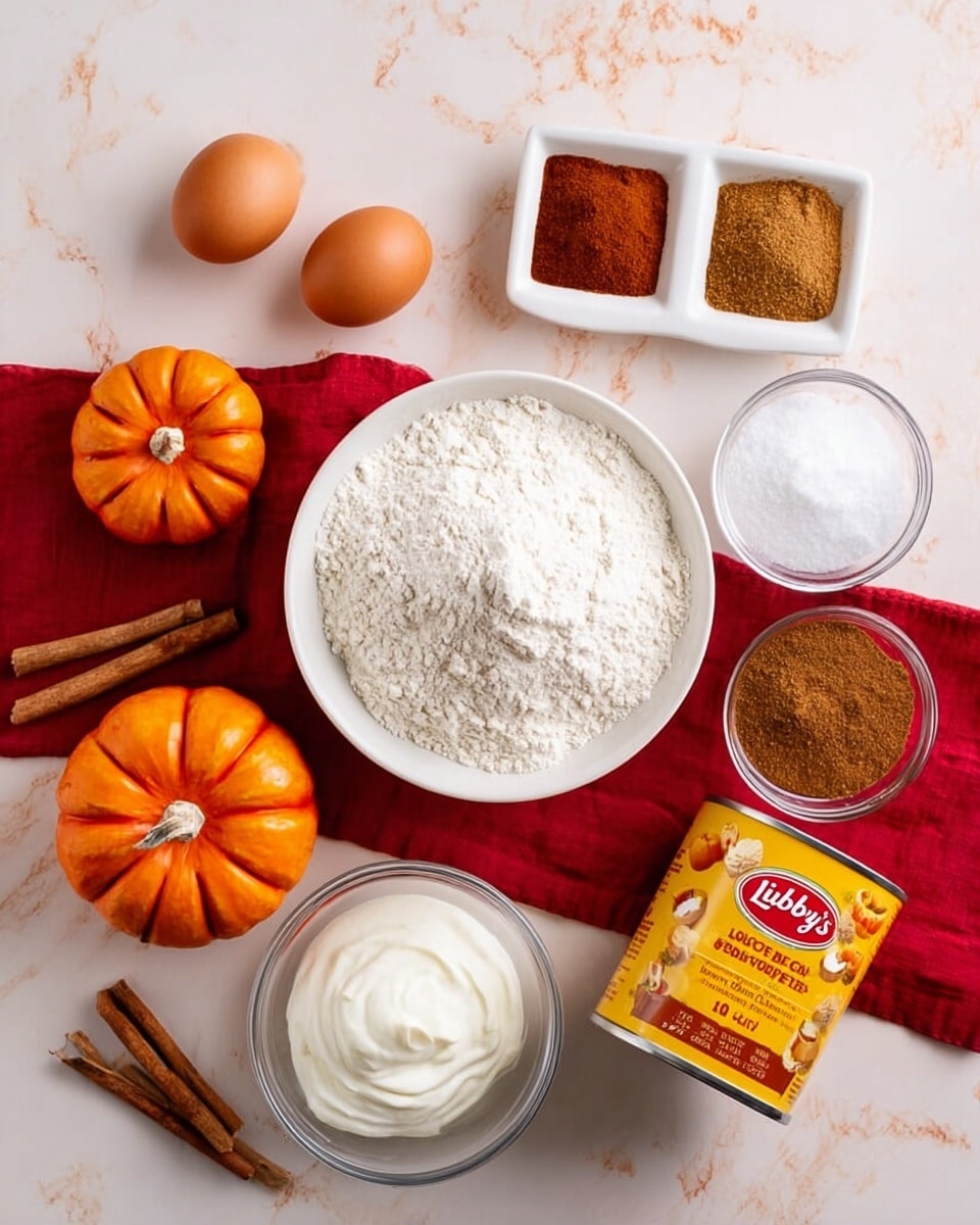 The image shows ingredients arranged on a white marbled surface with a red cloth underneath some items. In the center, there is a white bowl filled with white flour. Around it, there are two brown eggs on the top left, a small decorative orange pumpkin on both the left and right sides. Two cinnamon sticks lie next to the left pumpkin, and two more cinnamon sticks are near the right pumpkin. A glass bowl filled with white sugar and another glass bowl filled with creamy white sour cream are placed near the front. In the back, a small square white dish contains three different ground spices in brown and dark shades. A small wooden bowl holds white baking powder and salt close to the middle right. Lastly, a yellow can of Libby's 100% pure pumpkin is positioned near the front right, showing a pumpkin pie on its label. Photo taken with an iphone --ar 4:5 --v 7
