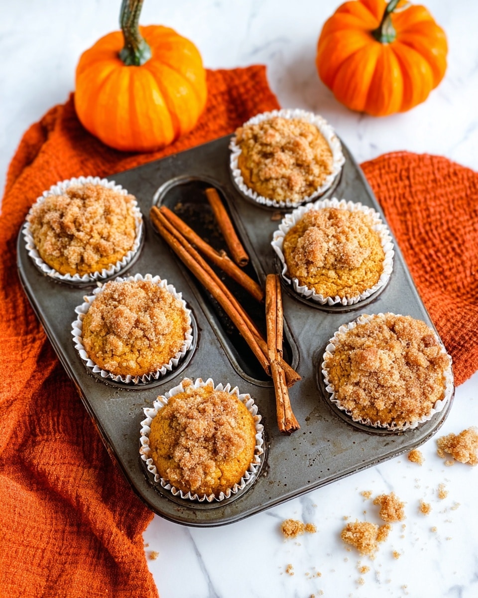 A metal muffin tray holds five golden brown muffins with crumbly tops, each in white paper liners, arranged in a loose circle around one empty slot filled with several brown cinnamon sticks. A small orange pumpkin sits in the top left corner inside the tray. The tray is placed on a white marbled surface with an orange textured cloth partially under it. Another small orange pumpkin is visible at the far right edge. Some crumb pieces are scattered around the muffins and on the tray. photo taken with an iphone --ar 4:5 --v 7