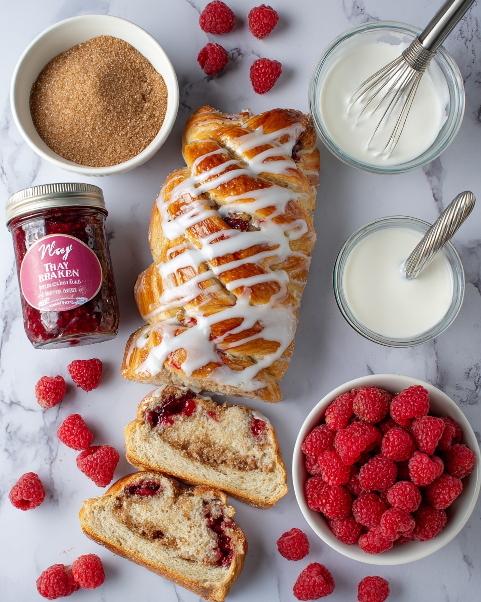 A braided pastry with a golden-brown crust sits in the center, covered with thick white icing drizzled unevenly over the top and sides. The pastry is sliced in half lengthwise, with three pieces separated at the bottom, showing the inside filled with a red berry spread. To the left, a white bowl filled with brown sugar and scattered fresh red raspberries surround a glass jar of raspberry fruit spread. On the top right, a clear glass bowl holds white icing, next to a small metal whisk. To the bottom right, a white bowl is filled with fresh raspberries. All items rest on a white marbled surface. Photo taken with an iphone --ar 4:5 --v 7