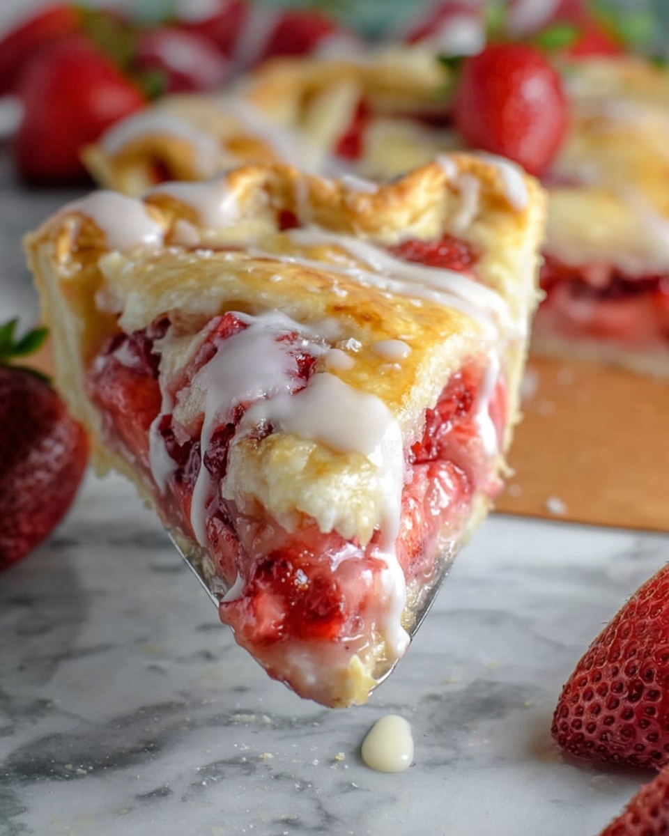 A close-up of one slice of strawberry pie being lifted by a utensil, showing three main layers: a golden brown, flaky crust on top with a shiny glaze, a thick middle layer of bright red strawberry pieces mixed with a soft, creamy filling, and a light, slightly crusty bottom layer. The slice is drizzled with a smooth white icing that melts partially over the edges and strawberries. In the background, there are fresh strawberries and more pie with the same layers, all set on a white marbled surface. photo taken with an iphone --ar 4:5 --v 7
