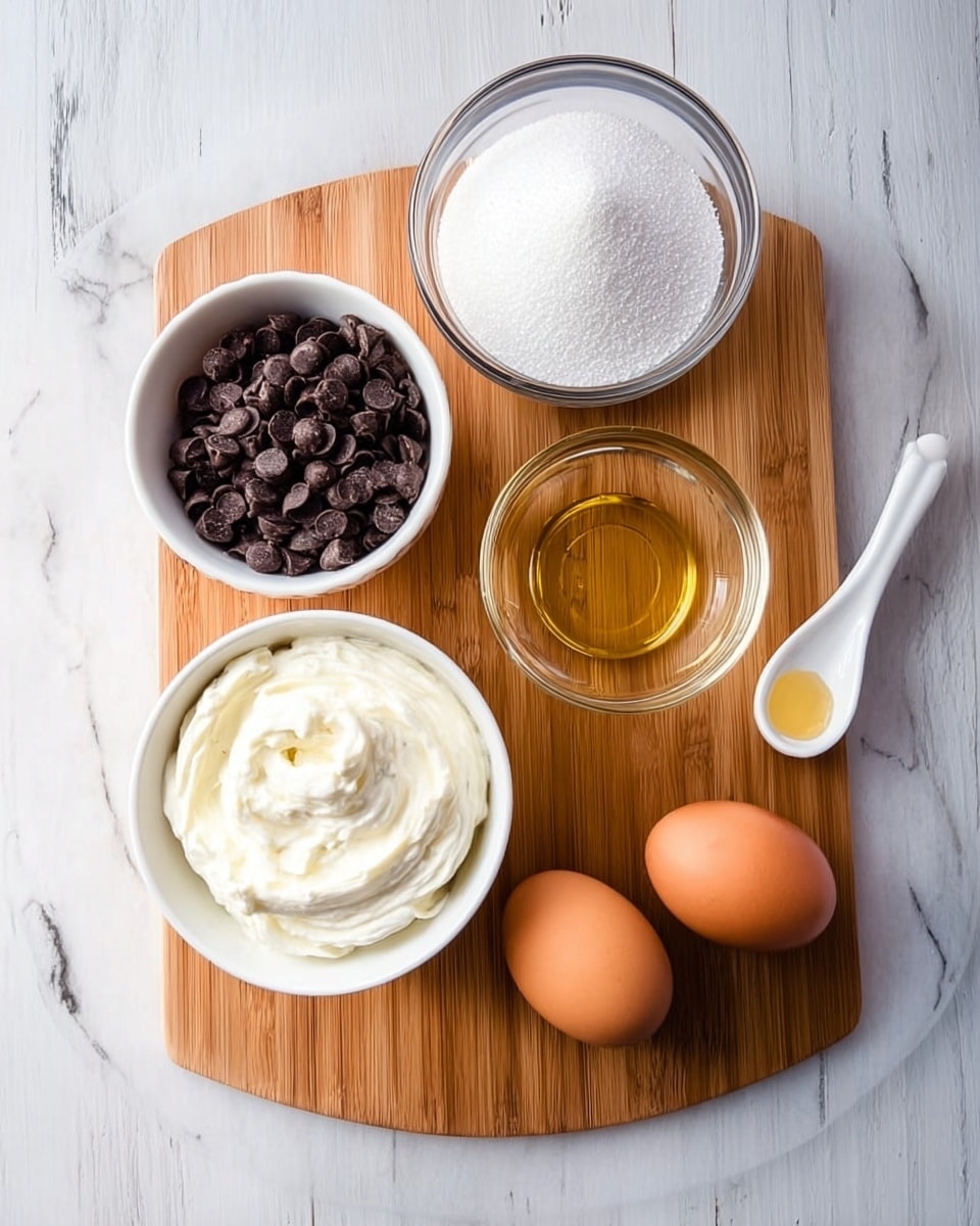 A wooden board with a smooth finish sits on a white marbled surface, holding several baking ingredients. On the board, from top left to bottom, there is a white bowl filled with dark chocolate chips with a rough texture, a clear glass bowl of white granulated sugar with a fine grain, and another clear glass bowl containing a clear liquid with a shiny smooth surface. Below the board, there is a white bowl with a soft, creamy white substance that appears thick and swirled. To the right of the board, two brown eggs with smooth shells rest directly on the marbled surface, next to a small white ceramic spoon filled with a golden liquid with a glossy finish. The arrangement is neat and bright. photo taken with an iphone --ar 4:5 --v 7