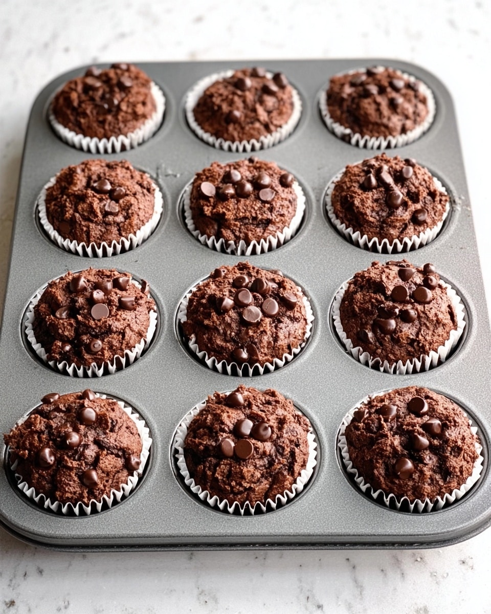 A tray with twelve chocolate muffins, each in white paper cups, filled evenly with textured, dark brown muffin batter topped with scattered glossy dark chocolate chips, sitting in a gray muffin pan placed on a white marbled surface. The muffins vary slightly in height and have a rough, crumbly top layer with chocolate chips embedded and sprinkled on top, creating a rich, inviting look. Some muffins have more chips than others but all are visible and shiny, adding contrast to the matte brown cake. photo taken with an iphone --ar 4:5 --v 7
