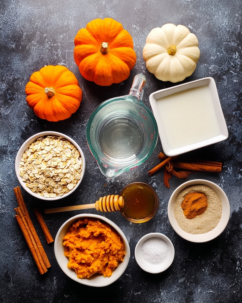The image shows a flat lay of cooking ingredients arranged on a dark textured surface. At the center is a clear glass measuring cup filled with water. Surrounding it are four small pumpkins, two orange and two white. To the right of the measuring cup is a white square bowl with a light brown powder, presumably a spice. Above it is a glass measuring cup with milk. Next to it are three cinnamon sticks. To the left of the center cup is a white round bowl filled with oats. Above it is a white square bowl containing golden honey with a wooden honey dipper resting inside. Below and slightly left of the center cup is a white round bowl filled with orange pumpkin puree. A small metal teaspoon with white salt is next to this bowl. Above the center cup is a small white round bowl with dark vanilla extract. The whole setup is on a dark gray surface replaced by a white marbled texture. Photo taken with an iphone --ar 4:5 --v 7