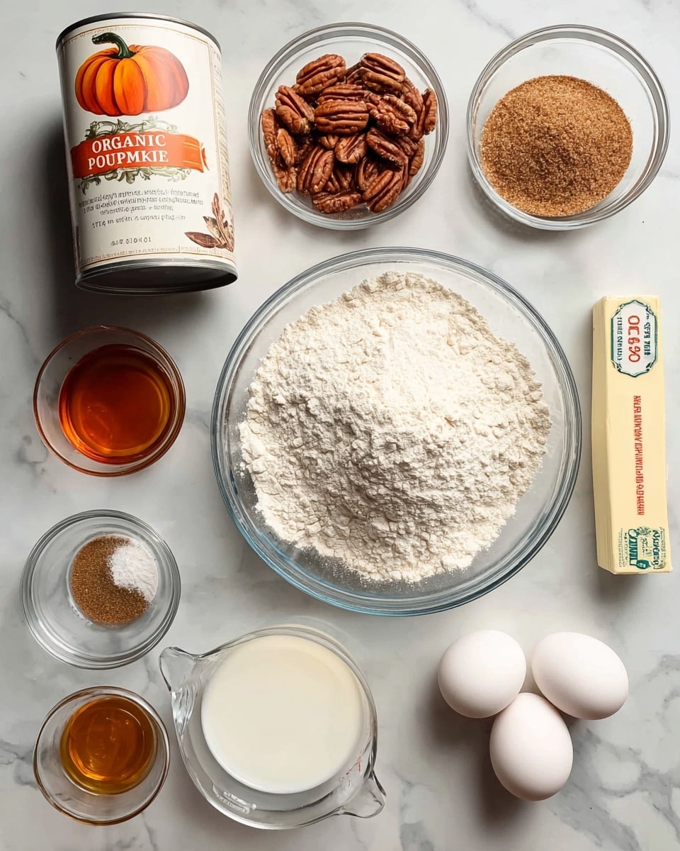 A clear glass bowl filled with a large pile of white flour sits on a white marbled surface. To the top left, there is a can of organic pumpkin puree with an orange pumpkin illustration on the label. Next to it, a small pile of brown pecan nuts is scattered. Above the bowl, a small clear bowl contains brown sugar with a rough texture. To the right, a stick of unsalted extra creamy butter in yellow and white packaging lies horizontally. Below the butter, a small glass bowl has a shiny amber liquid, likely maple syrup or vanilla. Near the bottom right, two white eggs rest on the surface. Below the eggs, a small clear bowl holds white powdered ingredients, and next to it, a clear measuring cup contains a white liquid, possibly milk. Another small clear bowl near the sugar holds mixed brown spices. All items are arranged neatly on the white marbled surface. Photo taken with an iphone --ar 4:5 --v 7