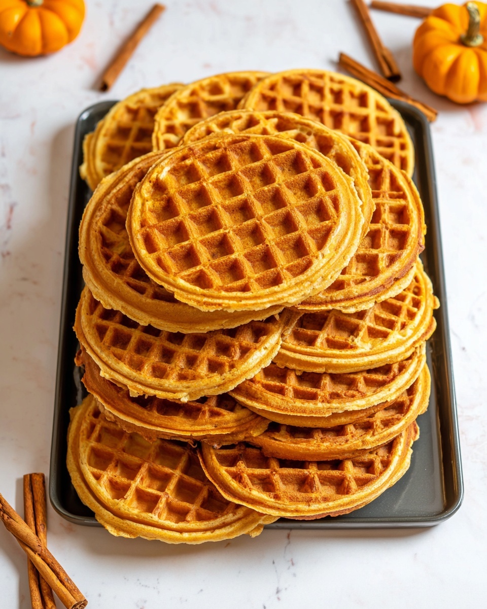 The image shows a stack of eight round waffles on a white tray. Each waffle is golden brown with a slightly darker grid pattern on top, and a soft texture visible around the edges where the batter expanded unevenly. The waffles are layered unevenly, some overlapping each other, creating a pile that fills the whole tray. The background has a white marbled texture with small pumpkins and cinnamon sticks placed around the tray to add a seasonal feel. Photo taken with an iphone --ar 4:5 --v 7
