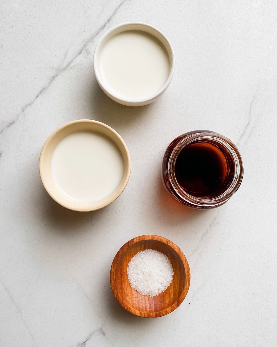 The image shows four small containers arranged on a white marbled surface. At the top left and bottom left, there are two white bowls filled with a white liquid, likely milk. On the top right, a small brown glass container holds a dark liquid. At the bottom right, a small wooden bowl contains a small pile of white granulated salt. The containers are spaced apart and viewed from above, creating a simple and clean layout. Photo taken with an iphone --ar 4:5 --v 7