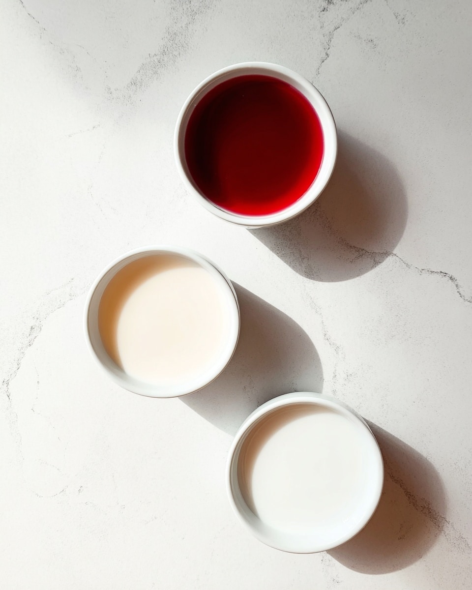 Three small white bowls are placed on a white marbled surface in a diagonal line from top right to bottom left. The top bowl is filled with a deep red liquid with a smooth surface that reflects light. The middle bowl contains a pale, creamy liquid, almost white with a slight warm tone, while the bottom bowl holds a white liquid that looks like milk. The bowls are evenly spaced and cast soft shadows on the marbled surface. photo taken with an iphone --ar 4:5 --v 7