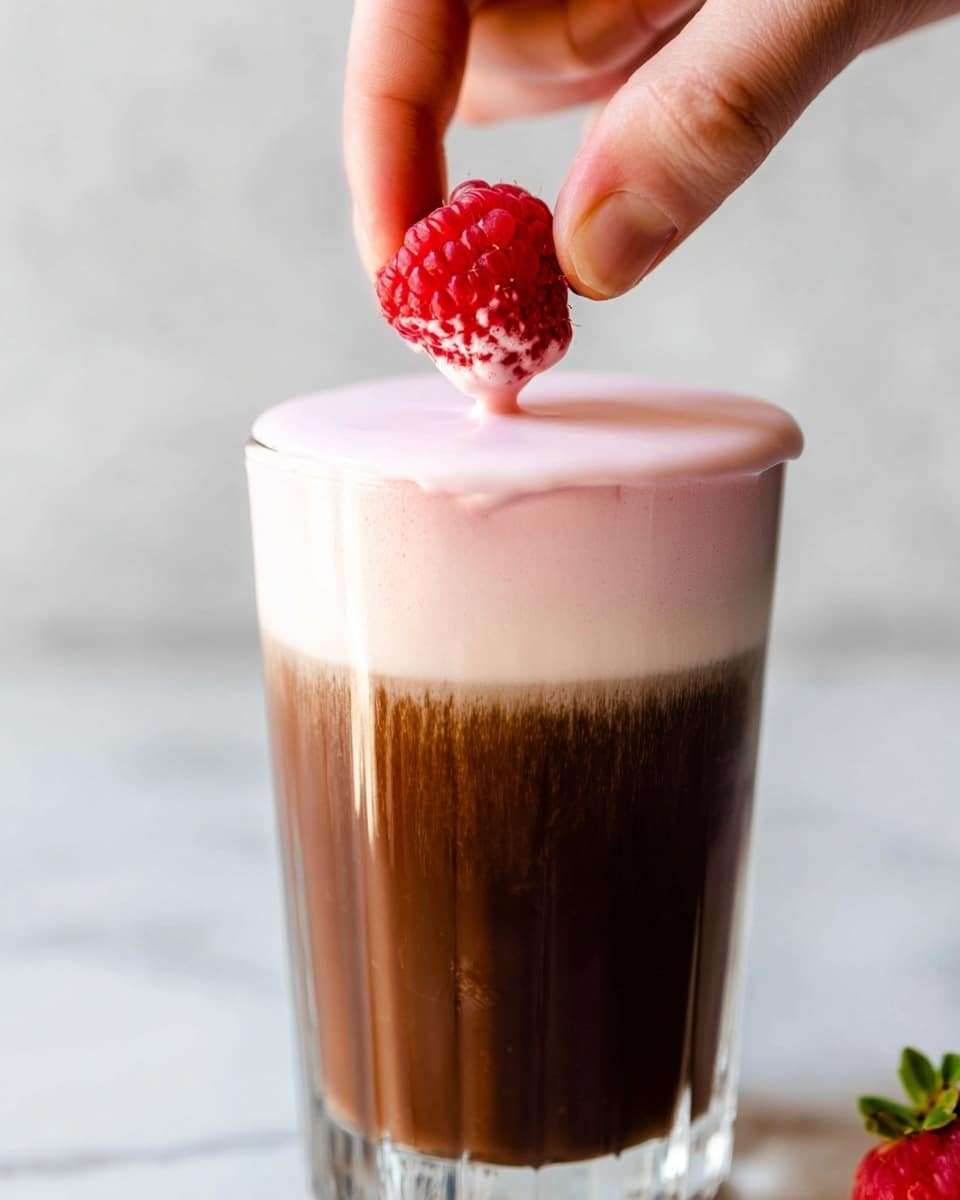 A tall clear glass shows a drink with two layers: a dark brown liquid on the bottom and a thick pale pink foam on top. A woman's hand is holding a bright red raspberry, dipping it into the pink foam, making the foam drape around the raspberry in a smooth texture. The glass is set on a white marbled surface with a soft, blurry background. The focus is close-up on the raspberry and foam layer, showing detailed textures. photo taken with an iphone --ar 4:5 --v 7