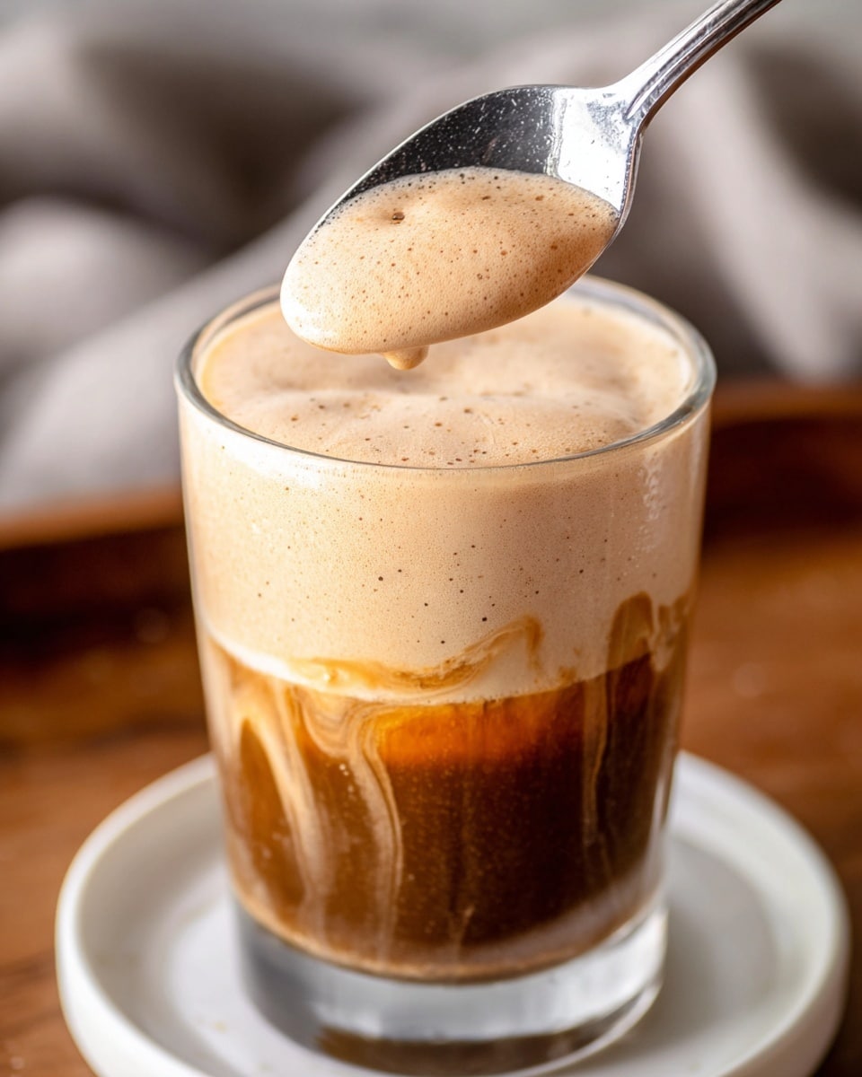 A clear glass filled with three visible layers: the bottom layer is a dark brown coffee, the middle layer is a lighter brown mix with swirls suggesting milk or cream blending in, and the top layer is a thick, creamy foam with a light tan color and small darker specks. A silver spoon holds some of the foam just above the glass, showing its thick texture. The glass is placed on a white saucer, all set on a wooden surface with a soft blurred background. photo taken with an iphone --ar 4:5 --v 7