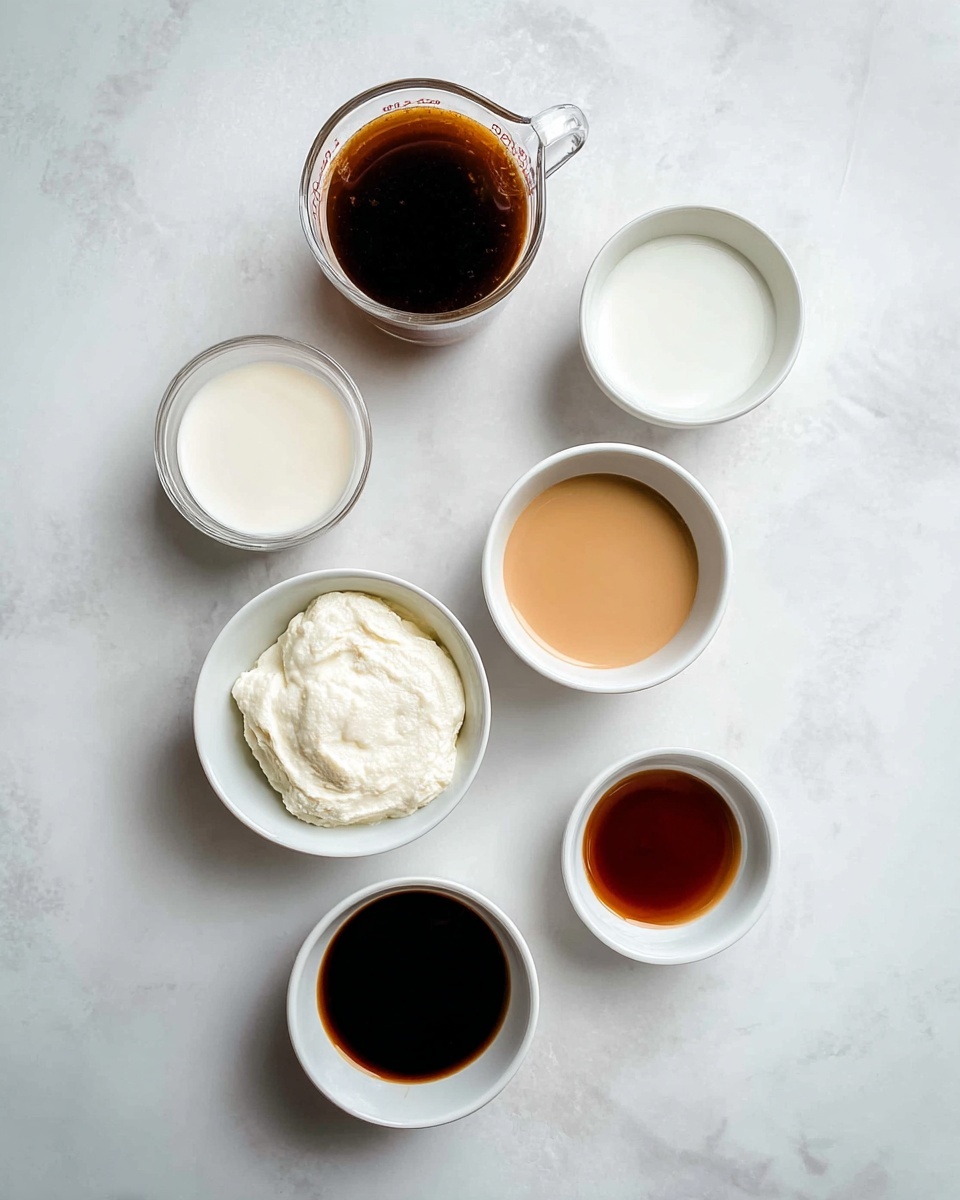 The image shows seven small white bowls and glass measuring cups placed on a white marbled surface, each filled with different liquids and a creamy substance. At the top left is a glass cup with dark brown coffee, full to near the brim, next to a white bowl with a light caramel-colored liquid on the right. Below, a glass measuring cup on the left holds milk, while two white bowls on the right contain a white liquid each. At the bottom left, a white bowl holds a scoop of thick, white cream. Finally, the bottom right features a white bowl filled with dark brown syrup. The arrangement forms a loose vertical pattern. photo taken with an iphone --ar 4:5 --v 7