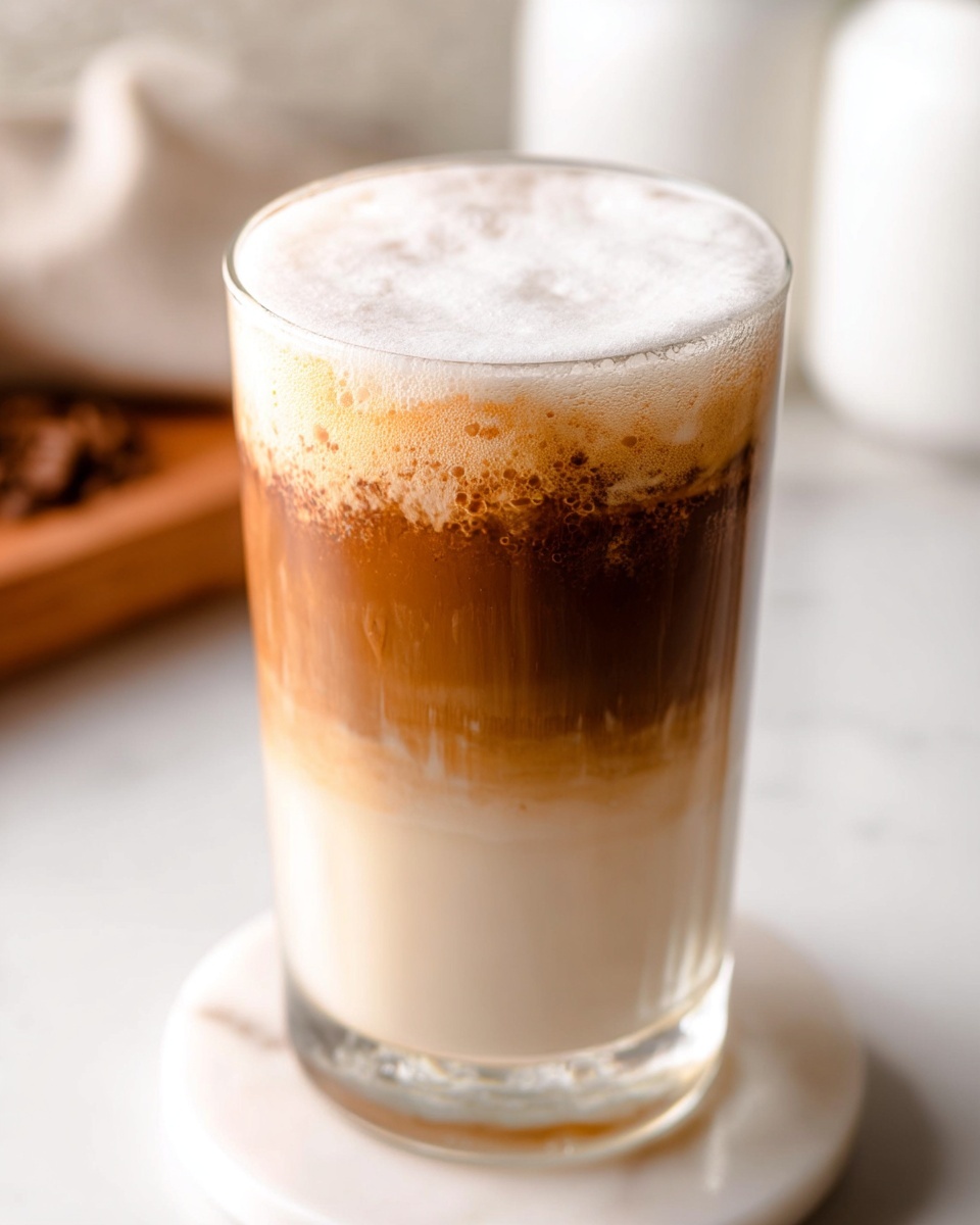 A tall clear glass filled with three visible layers: the bottom layer is light creamy beige milk, the middle layer is a rich medium brown coffee with slight blending into the lower layer, and the top layer is thick white foam lightly textured with small bubbles covering the surface. The glass sits on a white circular coaster on a white marbled surface. In the blurred background, soft white and brown shapes are seen. Photo taken with an iphone --ar 4:5 --v 7
