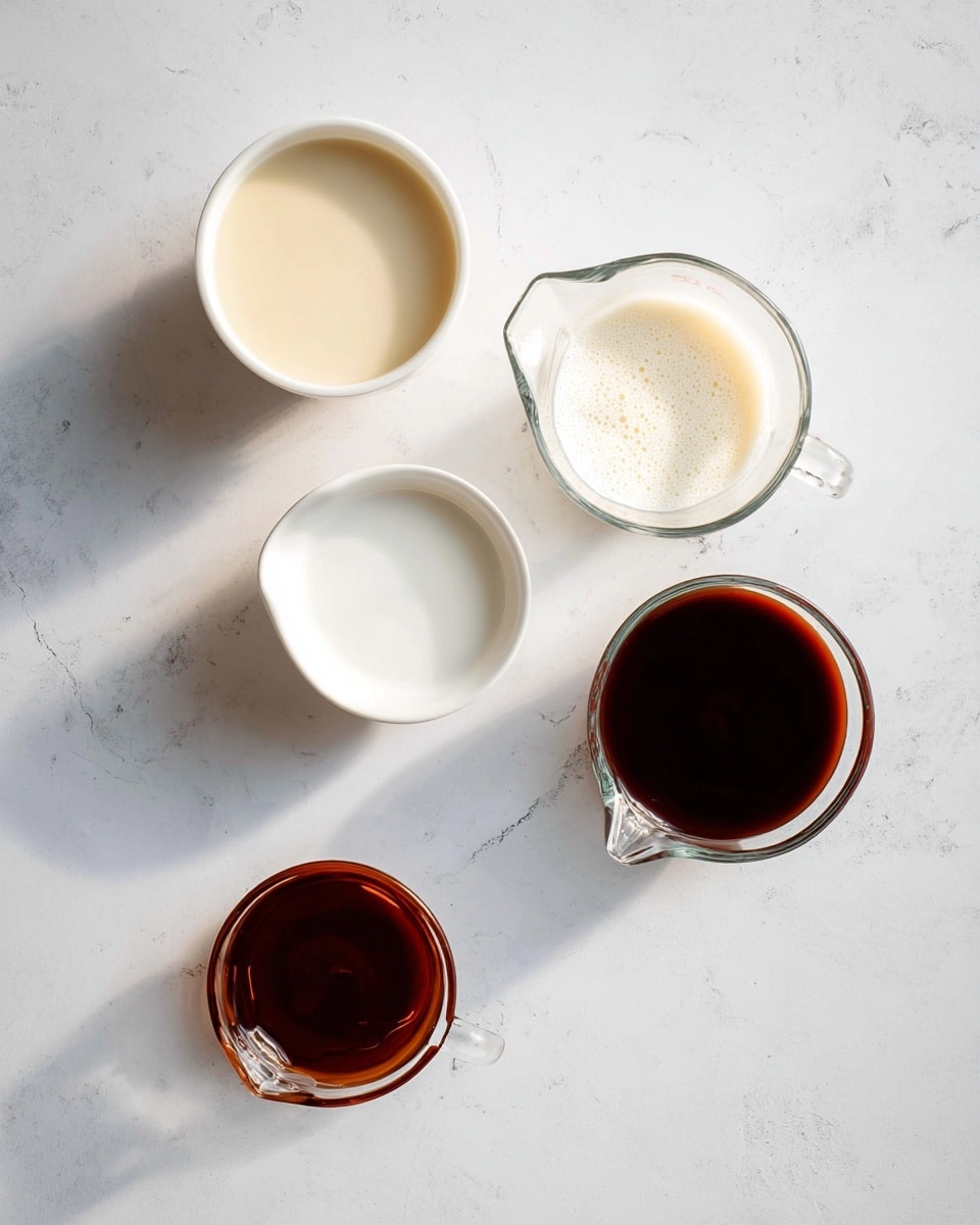 The image shows five small white bowls and clear glass measuring cups arranged on a white marbled surface. The top left bowl holds a pale cream liquid, smooth in texture. To its right, a clear glass measuring cup contains a similar light cream liquid with a slight frothy surface. Below these, in the middle, a small white bowl filled with plain white liquid sits centered. To the bottom left, a small clear glass measuring cup holds a dark brown liquid with a shiny surface. At the bottom right, a white bowl contains a thick, glossy dark brown liquid. The containers are evenly spaced, showcasing a soft natural light that highlights the smooth and shiny textures of the liquids. Photo taken with an iphone --ar 4:5 --v 7
