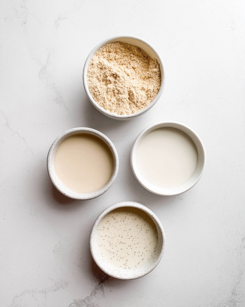Four small white bowls are arranged on a white marbled surface, viewed from above. The top left bowl contains a light beige powder with a slightly crumbly texture. The top right and center right bowls hold smooth, white liquid. The bottom left bowl has a light creamy liquid with tiny dark specks scattered evenly throughout. The image is bright and clean, focusing on the simple and fresh look of the ingredients. Photo taken with an iphone --ar 4:5 --v 7
